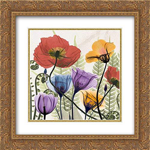 Albert Koetsier 15x15 Gold Ornate Framed Double Matted Museum Art Print - Flowers And Ferns Botanical Wall Decor for Living Room, Bedroom & Office