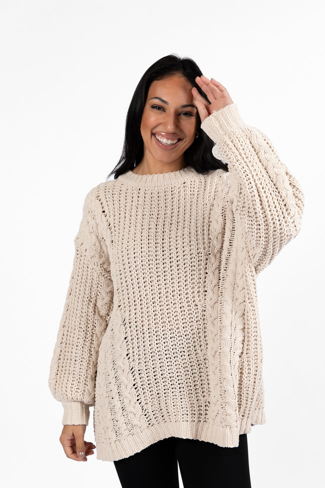 Cozy Beige Chenille Cable Knit Oversized Sweater for Women - Soft & Warm Winter Pullover - Perfect for Casual Outfits, Layering & Cold Weather Fashion