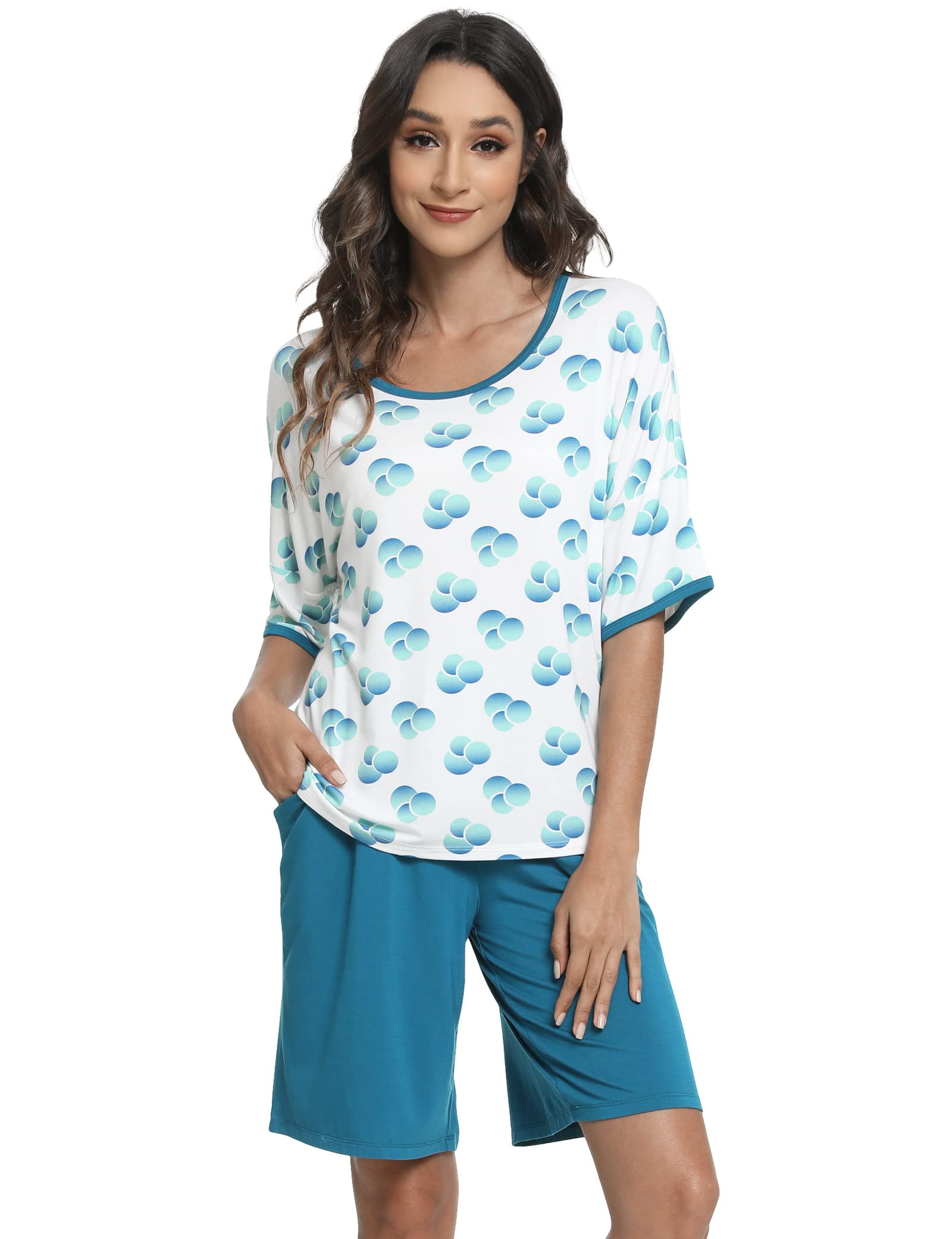 LazyCozy Women's Bamboo Viscose Pajama Set - Short Sleeve & Shorts for Sleep & Lounge
