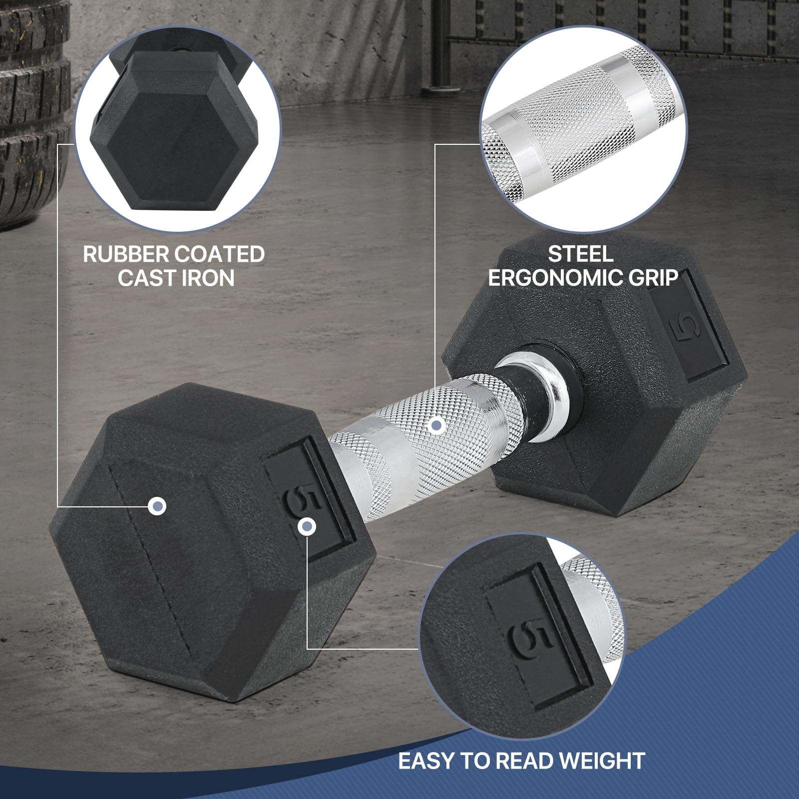 Hex Dumbbell Set - 5-25 lbs Rubber Coated Cast Iron Weights with Anti-Slip Grip for Home Gym, Strength Training & CrossFit Workouts