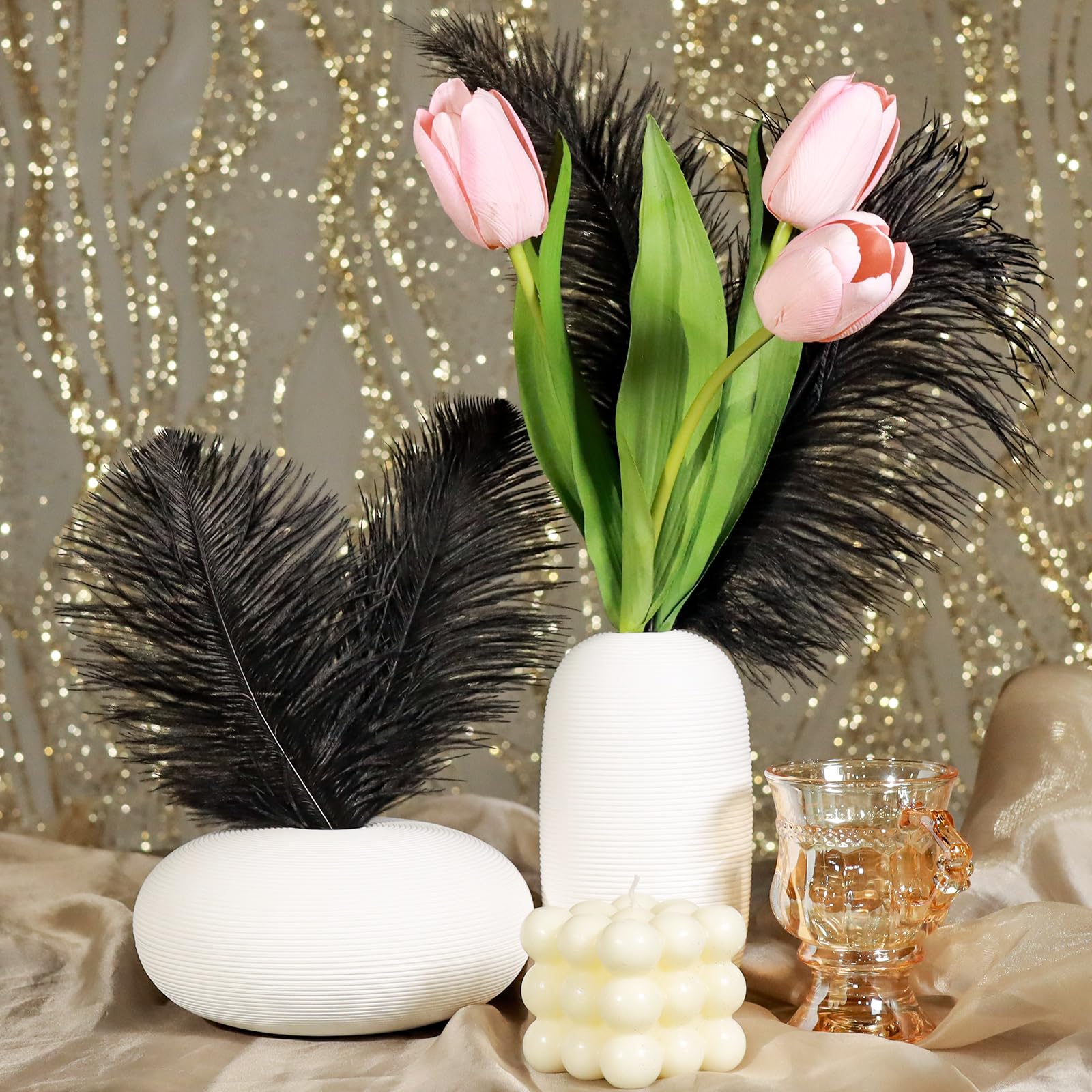 FANDAMEI 12 Pack Black Ostrich Feathers 10-12 Inch (25-30cm) for DIY Crafts, Wedding Centerpieces, Table Decor, Home & Party Decoration - Perfect for Bohemian Decor, Costume Accessories, and Photo Props