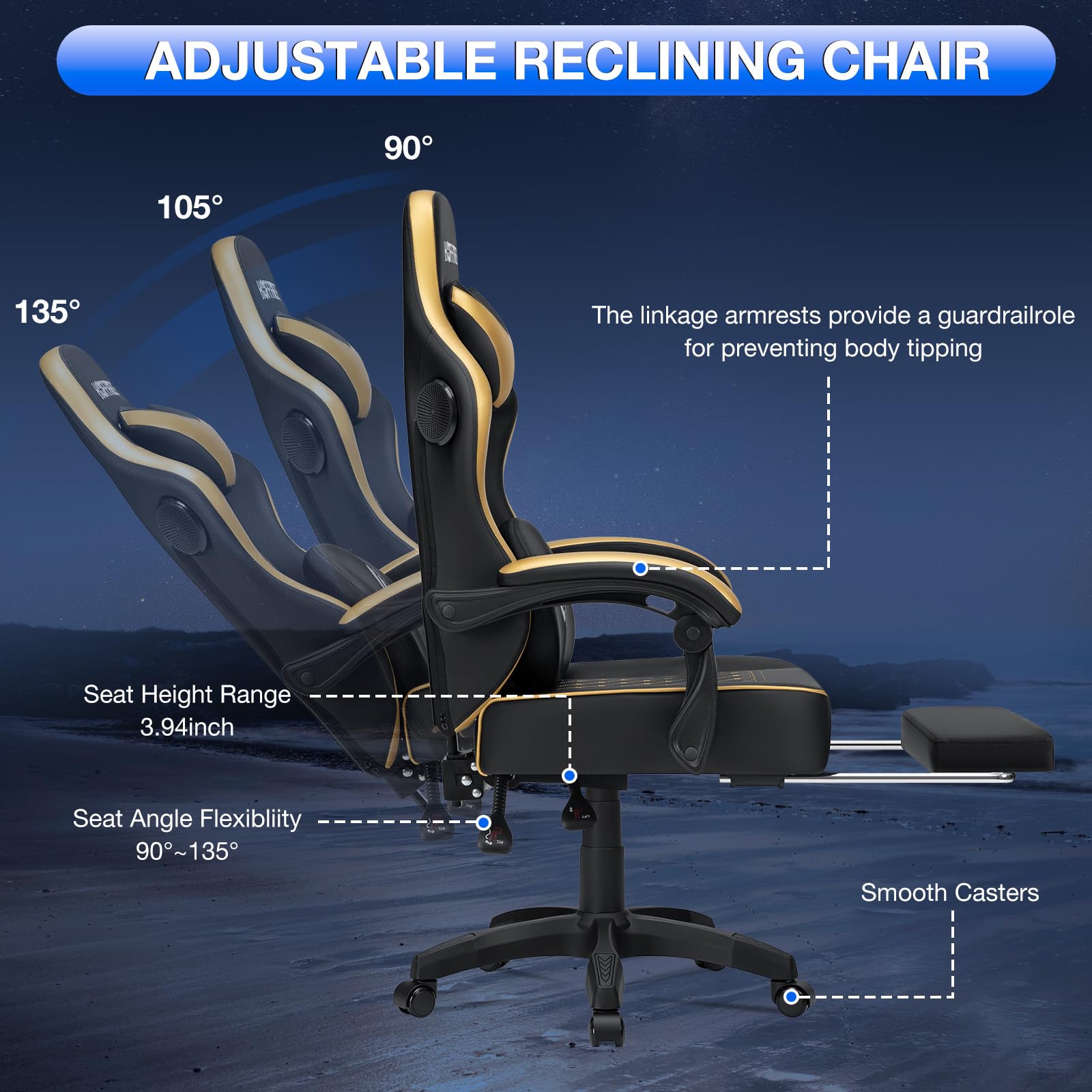 HOFFREE Ergonomic Gaming Chair with Bluetooth Speakers, Massage & Footrest - High Back Reclining Computer Chair for Adults, Gold and Black - Perfect for PC Gaming, Office Work & Home Entertainment