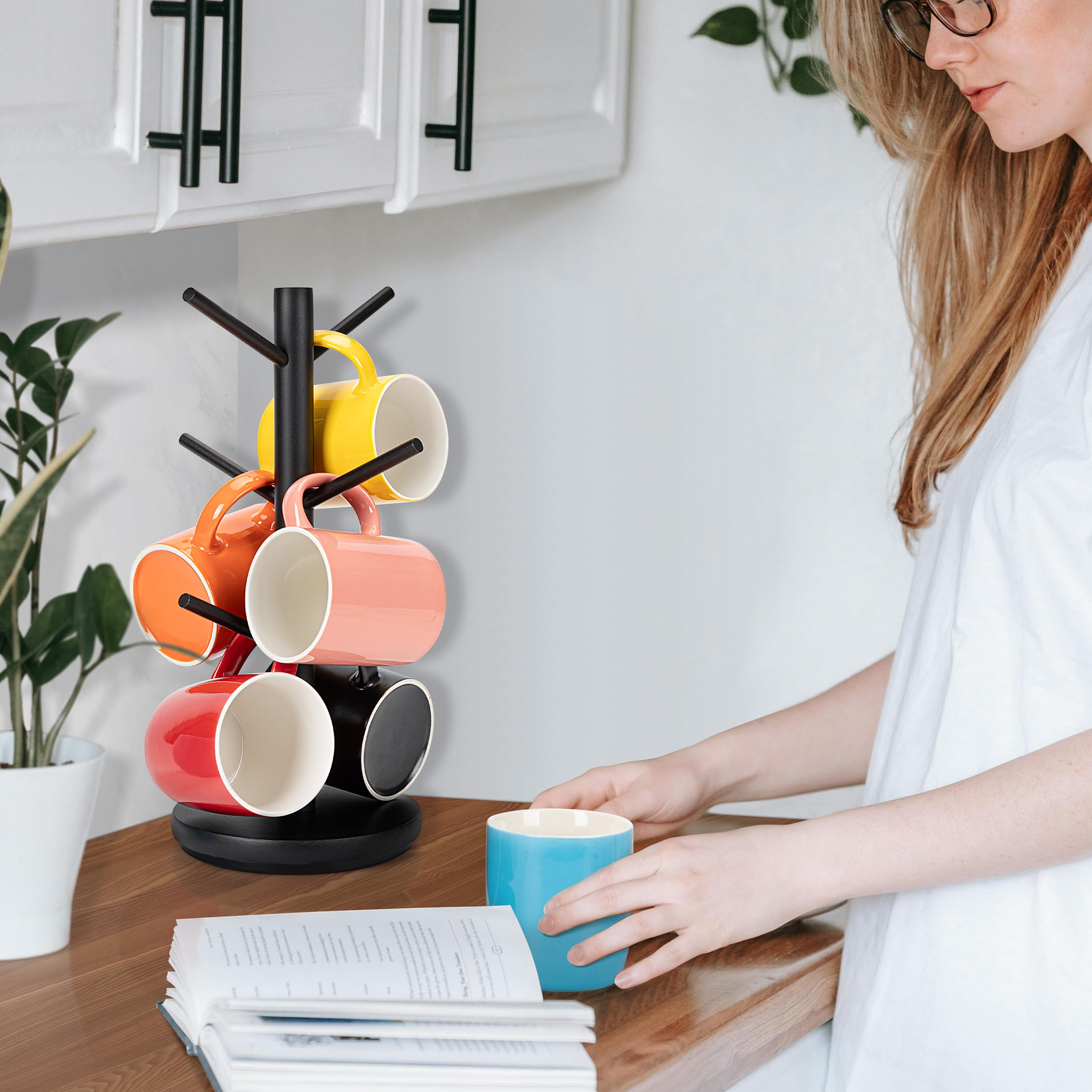 MyLifeUNIT 360° Rotating Mug Holder Tree with 6 Hooks - Wooden Coffee Cup Organizer for Countertop & Coffee Bar - Perfect for Kitchen, Office, or Cafe (Black)