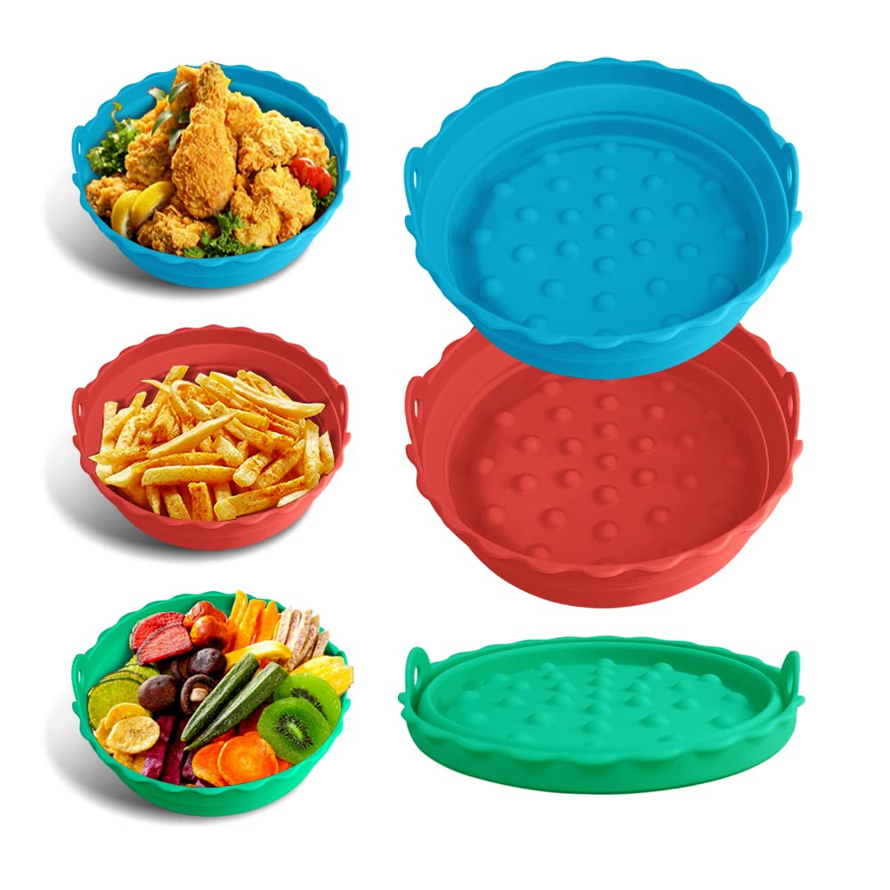 Non-Stick Silicone Air Fryer Liners - 3-Pack Reusable Baking & Roasting Baskets for Air Fryers & Microwaves (7.87 Inch) | Oil-Proof, Easy Clean Accessories for Healthy Cooking & Meal Prep