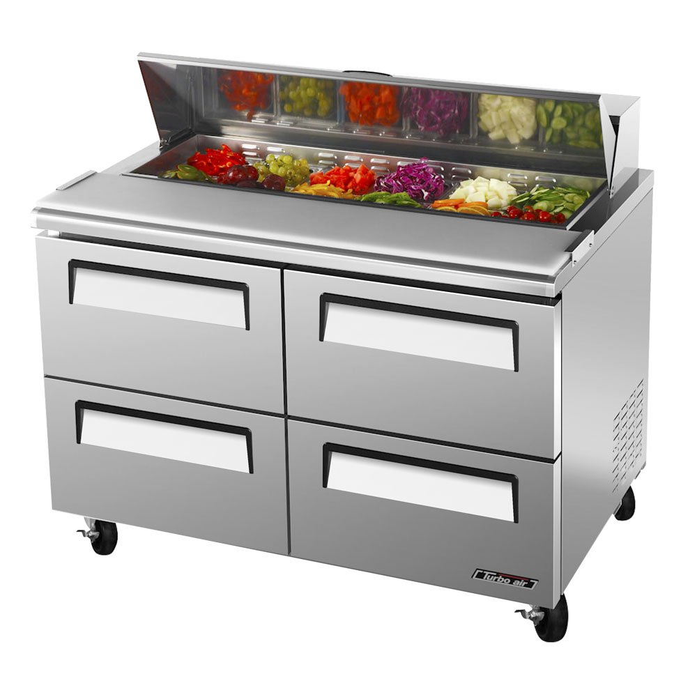 Turbo Air Super Deluxe 12-Pan 4-Drawer Stainless Steel Commercial Refrigerated Sandwich Salad Prep Table for Restaurants, Delis & Catering Businesses