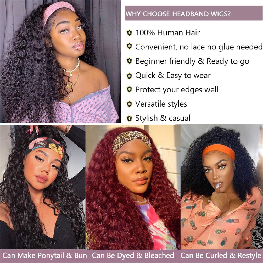 Headband Wig Water Wave Human Hair Wigs for Black Women - Glueless No Lace Front Brazilian Virgin Hair 150% Density 22 Inch | Perfect for Daily Wear, Parties & Special Occasions