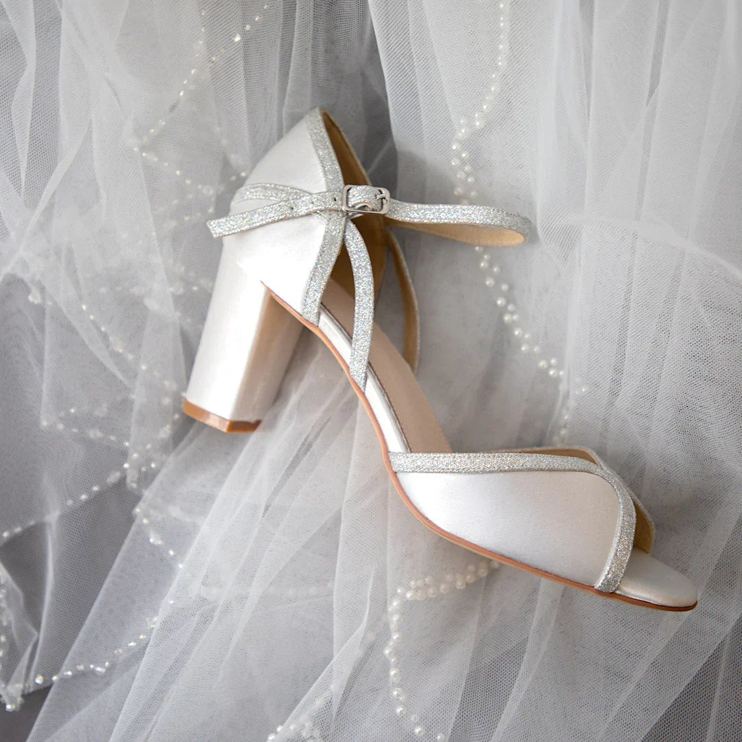 Perfect Bridal Sabrina Ivory Satin Glitter Block Heel Wedding Shoes for Bride Size 8 - Elegant Bridal Party, Church Ceremony, Reception & Photoshoot