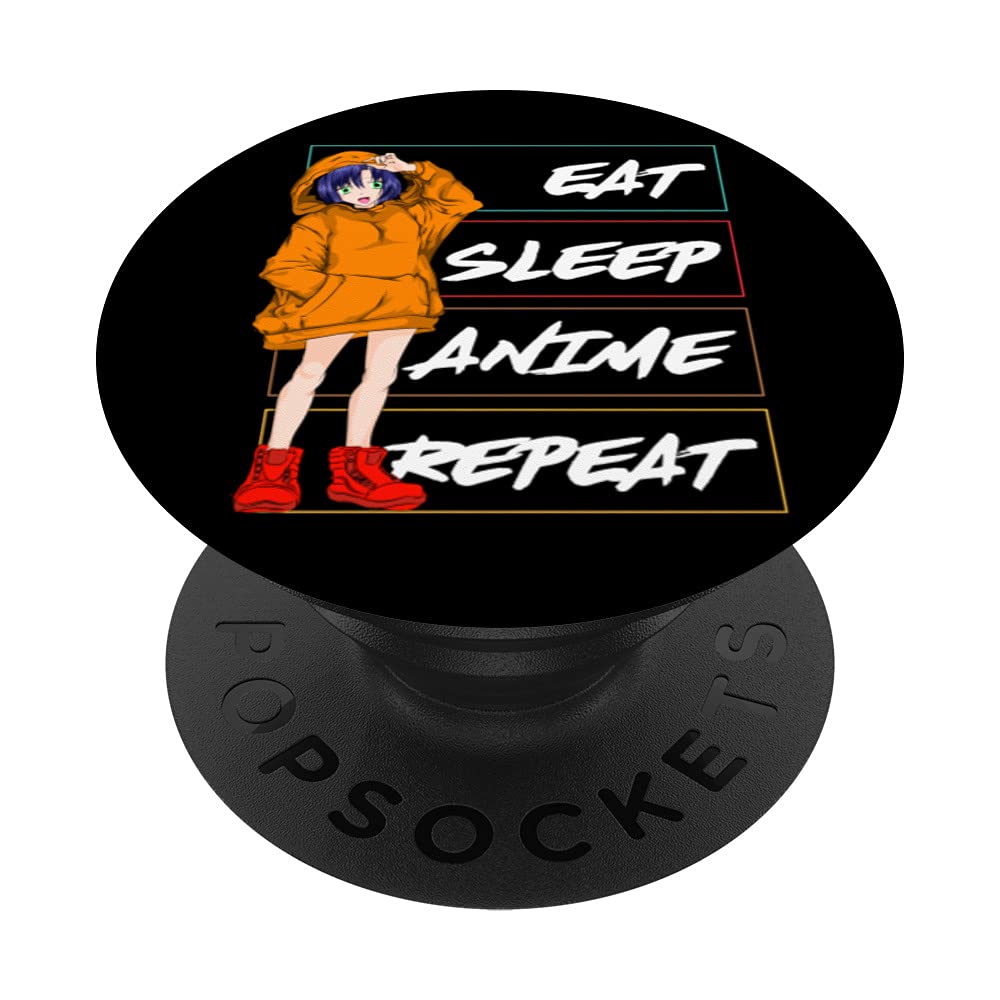 Eat Sleep Anime Repeat Kawaii Otaku Japan Manga PopSockets PopGrip - Swappable Phone Grip for iPhone, Samsung & Tablets - Perfect for Anime Fans, Gaming & Daily Use