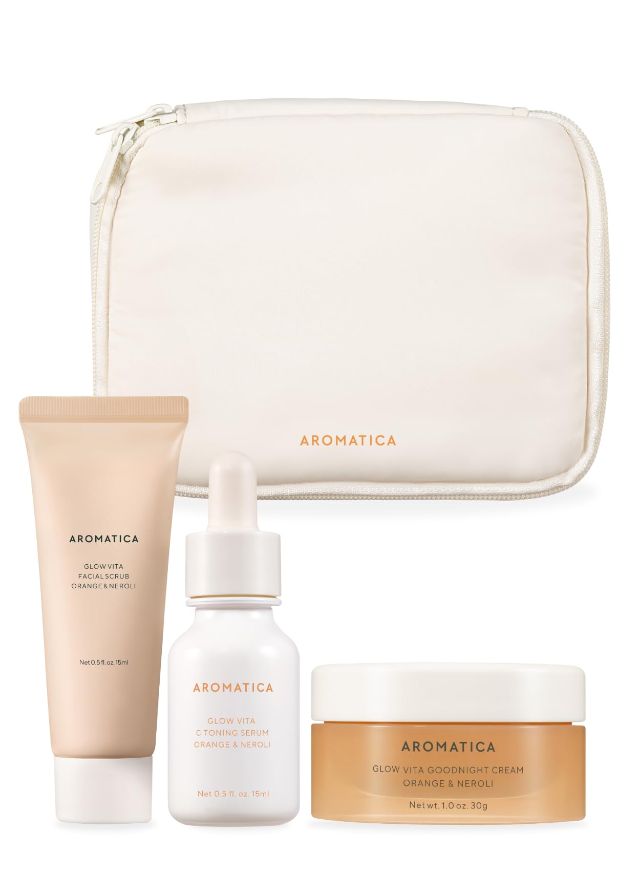 AROMATICA Glow Vita Trial Kit - Travel Size Skincare Set with Vitamin C Serum, Facial Scrub & Retinol Night Cream (0.5oz+0.5oz+1oz) - Perfect for Travel, Gifts & Achieving Glass Skin - Brightening, Exfoliating & Anti-Aging Skincare Routine