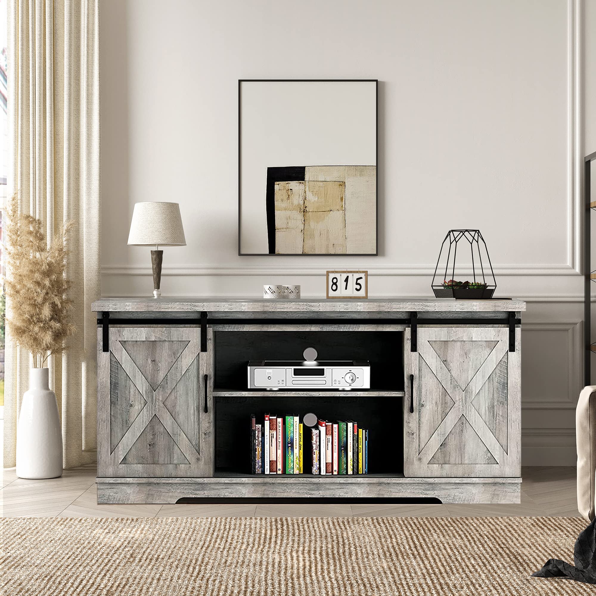 Farmhouse TV Stand for 65 Inch TV - Gray Entertainment Center with Barn Doors, Storage & Shelves - Modern Media Console Cabinet for Living Room, Bedroom & Home Theater Setup