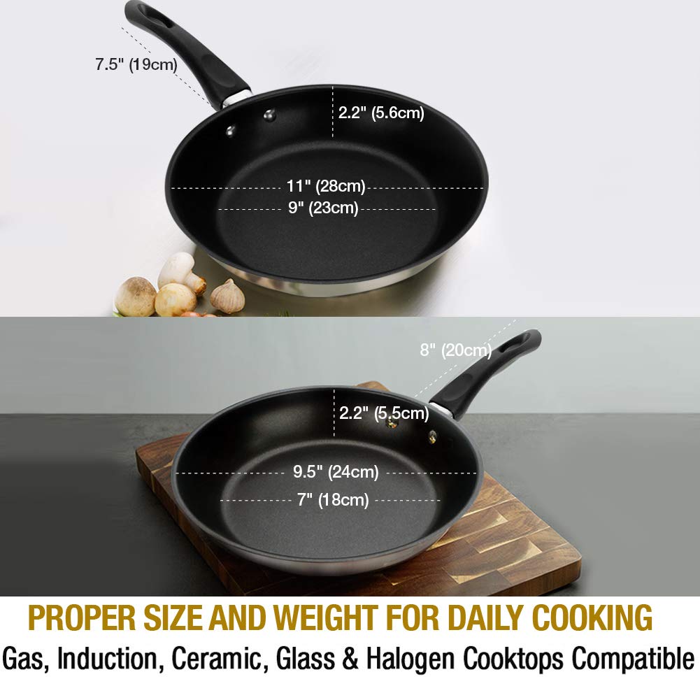 HOMICHEF Nonstick Frying Pan Set - 9.5 & 11 Inch Stainless Steel Skillets with Glass Lids, Induction Compatible, PFOA-Free & Nickel-Free - Perfect for Sautéing, Frying & Cooking Eggs, Pasta & Stir-Fry Dishes