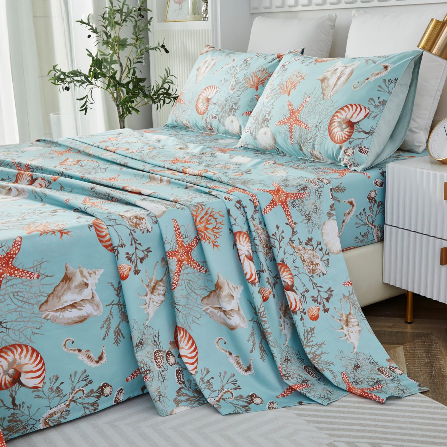 Brandream Luxury Nautical Queen Size Bedding Set - 100% Egyptian Cotton 4-Piece Coastal Beach Sheet Set with 18