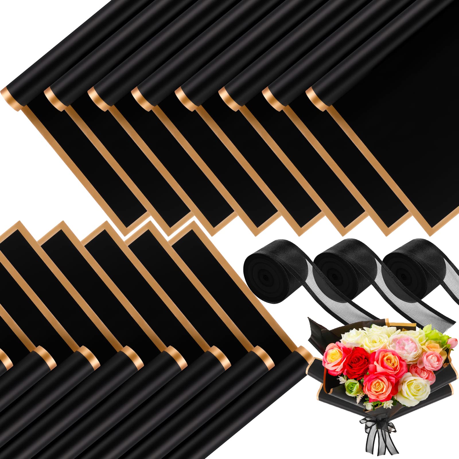 60 Sheets Waterproof Floral Wrapping Paper with Gold Edge - Korean Style Bouquet Wrap for DIY Crafts, Valentine's Day Gifts, Wedding Decorations - Perfect for Flower Arrangements, Gift Packaging & Party Decor (Black)