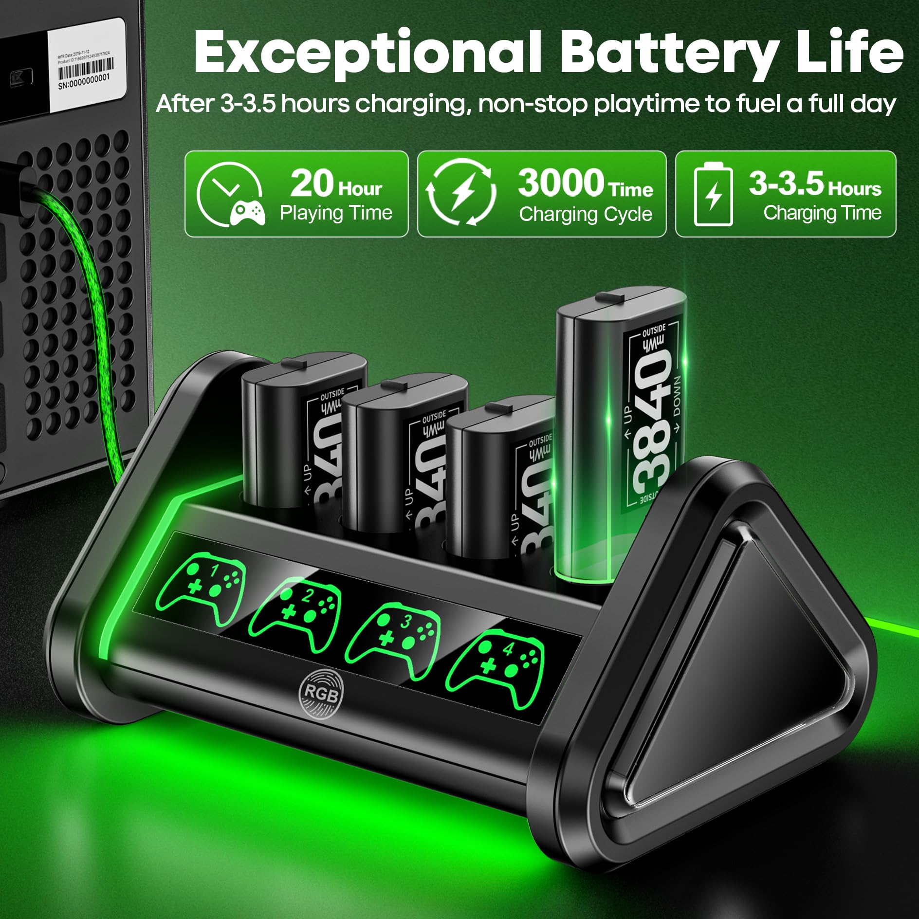 Rechargeable Battery Pack for Xbox One & Xbox Series X|S - 4 x 3840mWh High Capacity Battery with Charging Station - Compatible with Xbox One S/X & Elite Controllers - Perfect for Gaming Marathons & Wireless Play