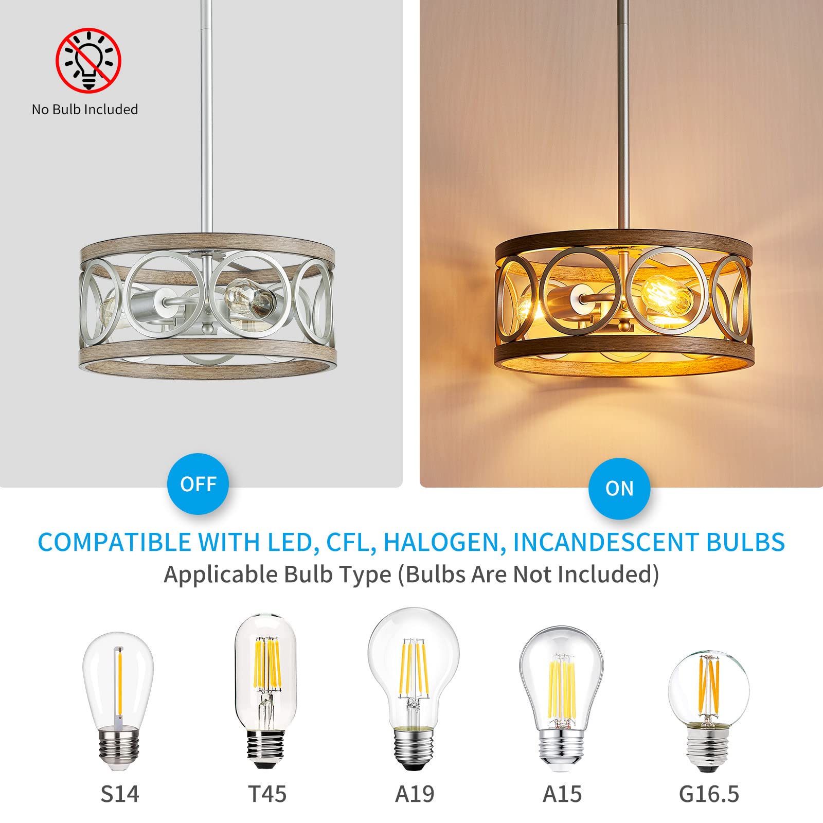 Modern Adjustable Height Pendant Light - Brushed Nickel & Wood Grain Metal 13