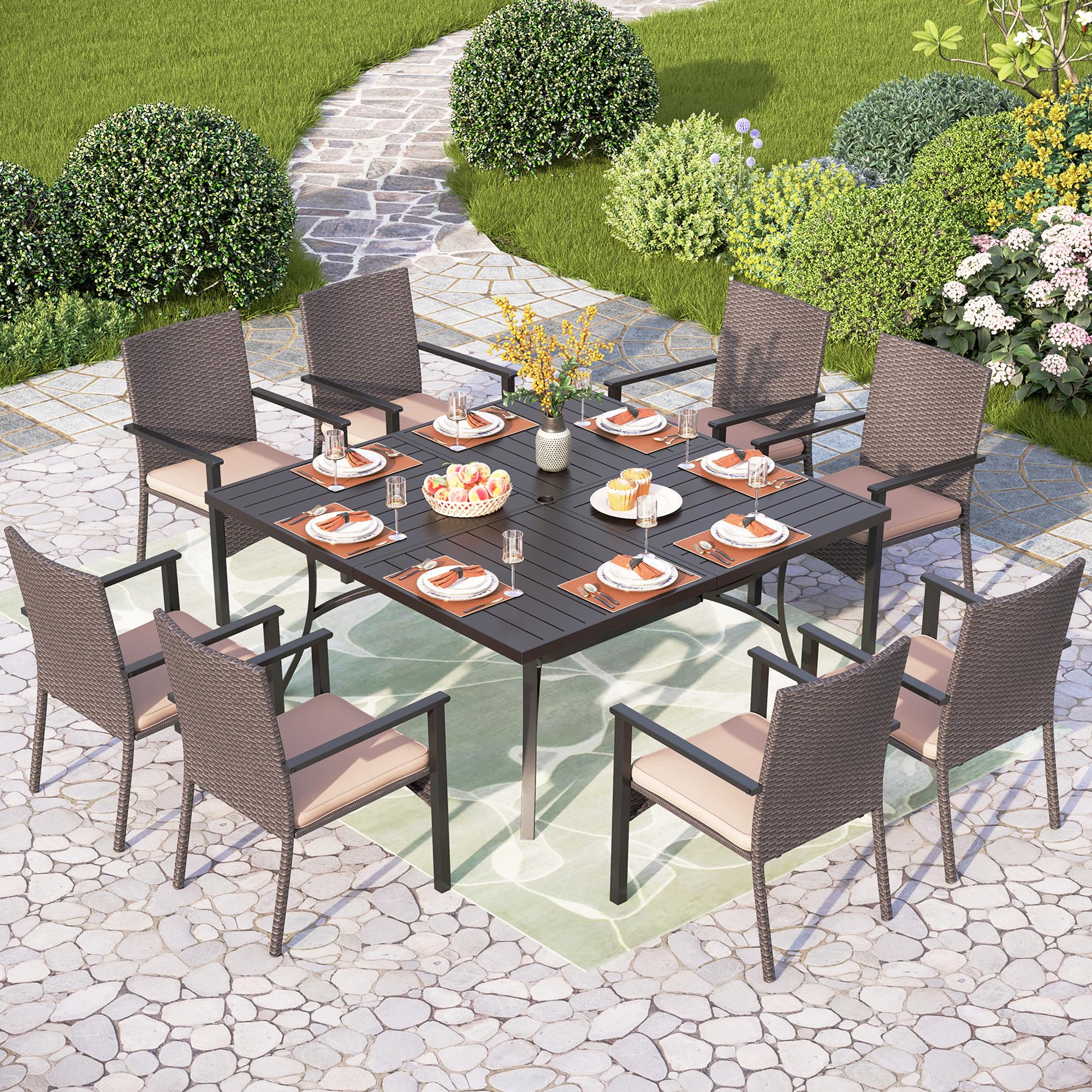 PHI VILLA 6-Piece Outdoor Wicker Chair Set - Durable Rattan Covered Metal Armchairs with Removable Cushions - Heavy Duty Patio Furniture for Deck, Porch, Yard & Garden - Perfect for Backyard BBQs, Poolside Relaxation & Outdoor Dining
