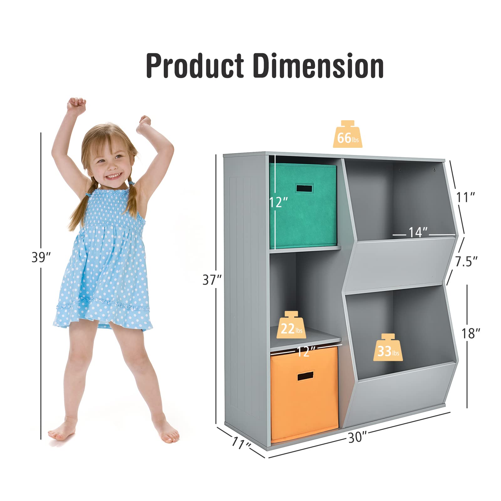 Costzon 5-Cubby Wooden Toy Storage Organizer with Bookcase & Bins - Kids Bookshelf & Toy Storage Cabinet for Toddlers - Playroom, Nursery, Daycare & Living Room Organization (Gray)