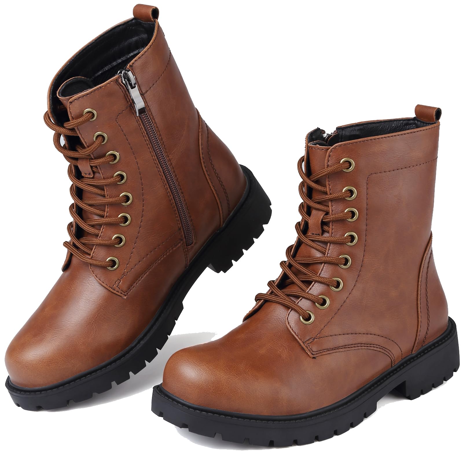 ZiiTop Women's Waterproof Ankle Boots - Lace Up Combat Boots with Side Zipper, Leather Work Boots for Walking & Outdoor Activities | Black Platform Booties for Women