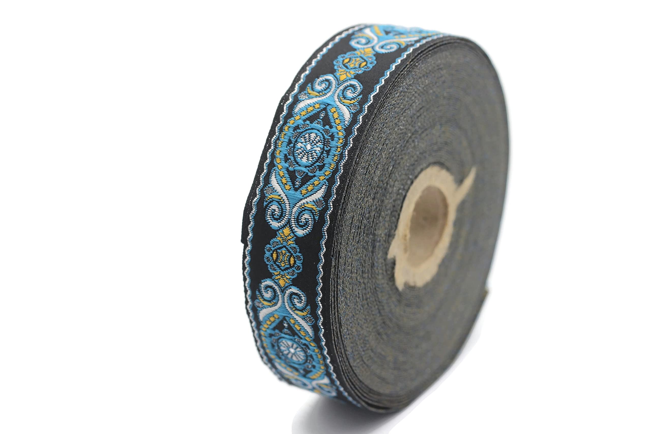 11 Yard Spool - 0.98 Inch Wide Blue & Black Jacquard Ribbon for Sewing, Crafting, and Decoration | Woven Embroidered Trim for DIY Projects, Gift Wrapping, and Home Décor