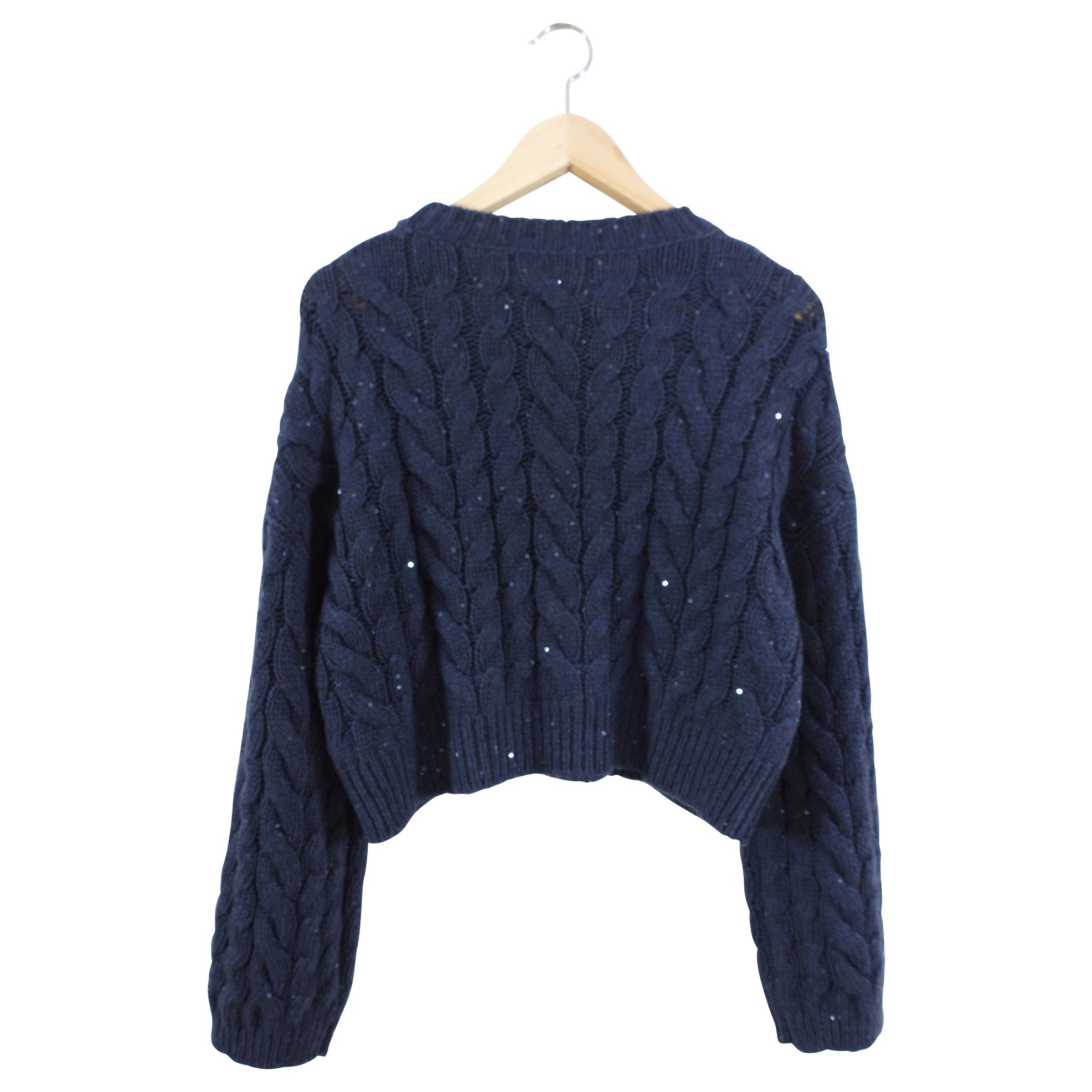Brunello Cucinelli Navy Blue Sequin Cashmere Cable Knit Sweater for Women - Luxurious Winter Pullover for Holiday Parties & Evening Events