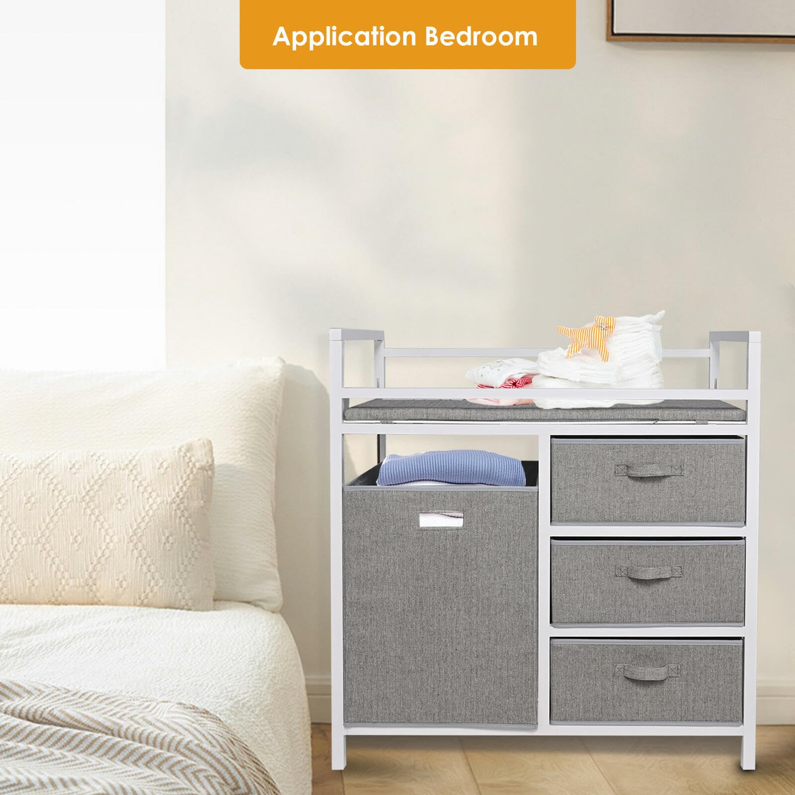 LIVINGbasics Baby Changing Table with Storage Organizer, 3 Drawers & Laundry Hamper - Safe Diaper Changing Station for Nursery, Bedroom & Daycare - Perfect Baby Shower Gift for New Parents