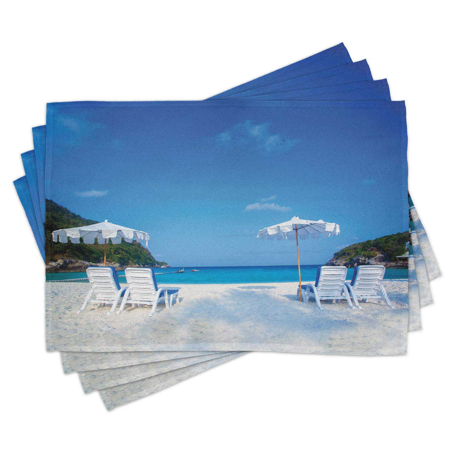 Lunarable Seaside Place Mats Set of 4 - Coastal Beach Design with Chairs & Umbrellas, Washable Fabric Table Mats for Dining Room & Kitchen Decor in Blue, White & Green | Perfect for Beach-Themed Parties & Summer Dining