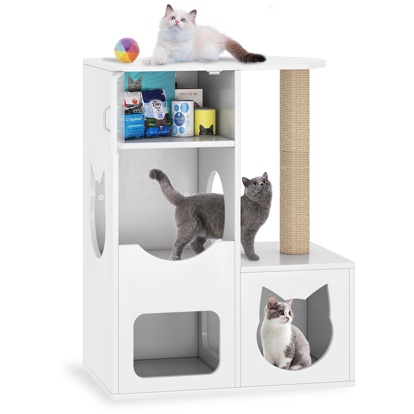 White Wooden Cat House with Scratching Post - Indoor Cat Furniture for Play & Rest