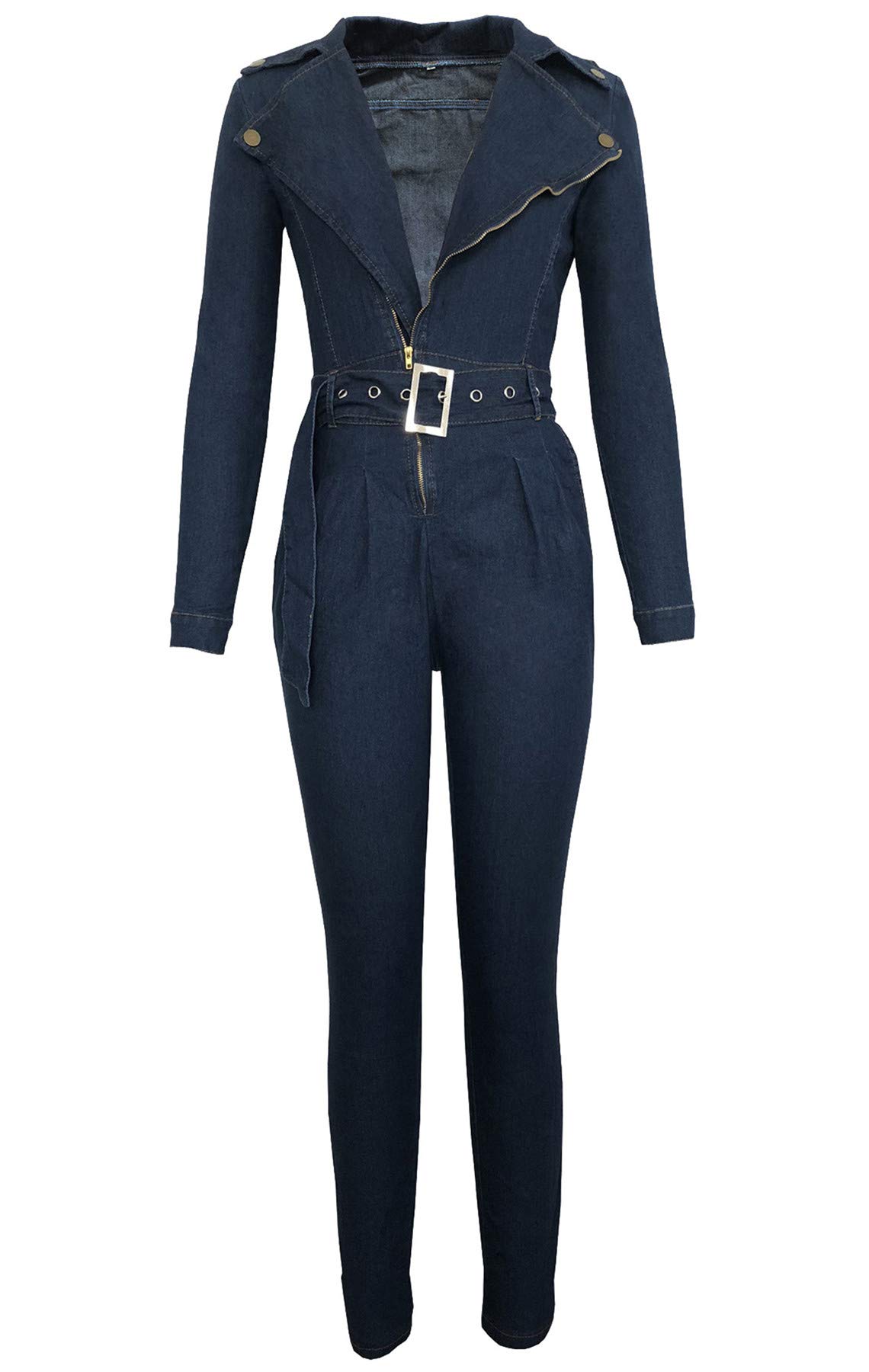 Andongnywell Women's Sexy Denim Jumpsuit with Pockets - Long Sleeve Romper Pants for Clubwear, Night Out & Casual Street Style