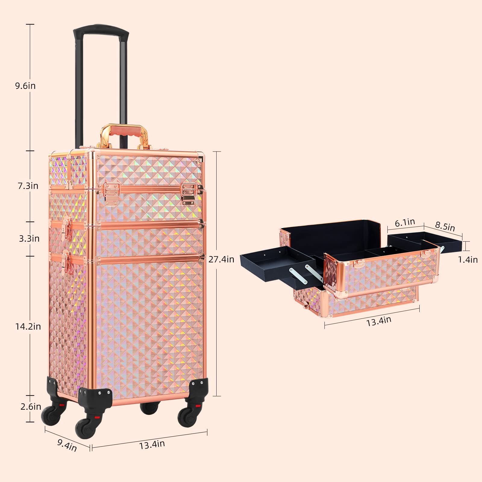 Professional 3-in-1 Rolling Makeup Train Case with Large Storage - Rose Gold & Pink Cosmetic Organizer Trolley for Salon, Barber, Travel & On-the-Go Beauty Professionals