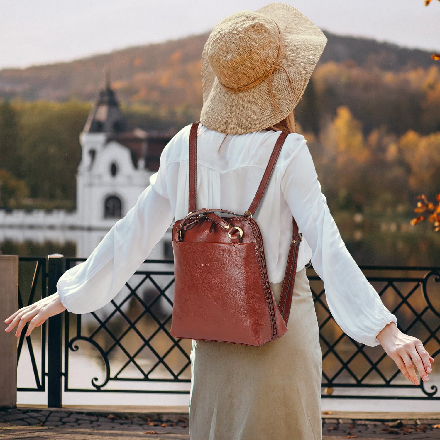 Premium Full Grain Italian Leather Convertible Backpack Purse for Women - Small Laptop Backpack Fits 9.7 Inch iPad (Brown) | Stylish Work Bag, Travel Essentials & Everyday Carry