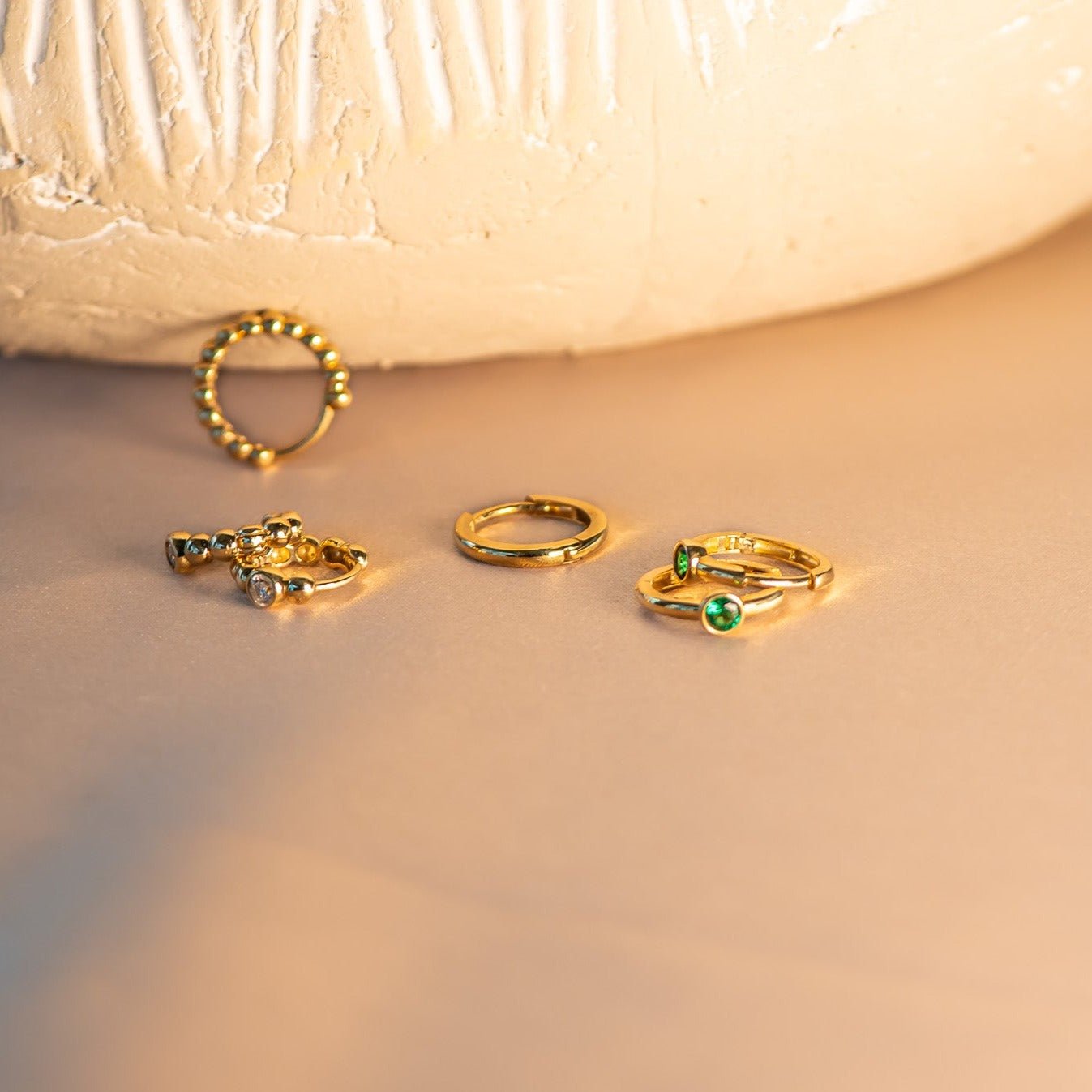 14K Solid Yellow Gold Emerald Huggie Hoop Earrings - Dainty Bezel Set Studs for Women, Perfect for Everyday Wear & Special Occasions