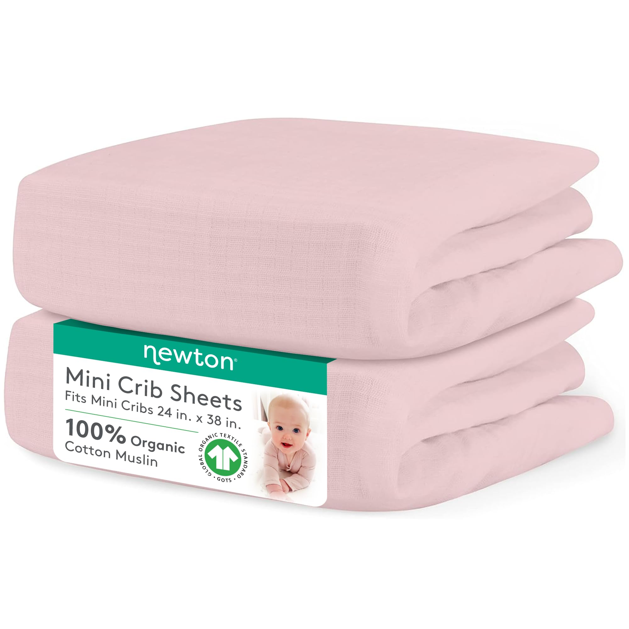 Organic Muslin Cotton Mini Crib Fitted Sheets 2-Pack - Ultra Soft & Breathable Baby Crib Sheets for Newborns, Machine Washable, Fits 24