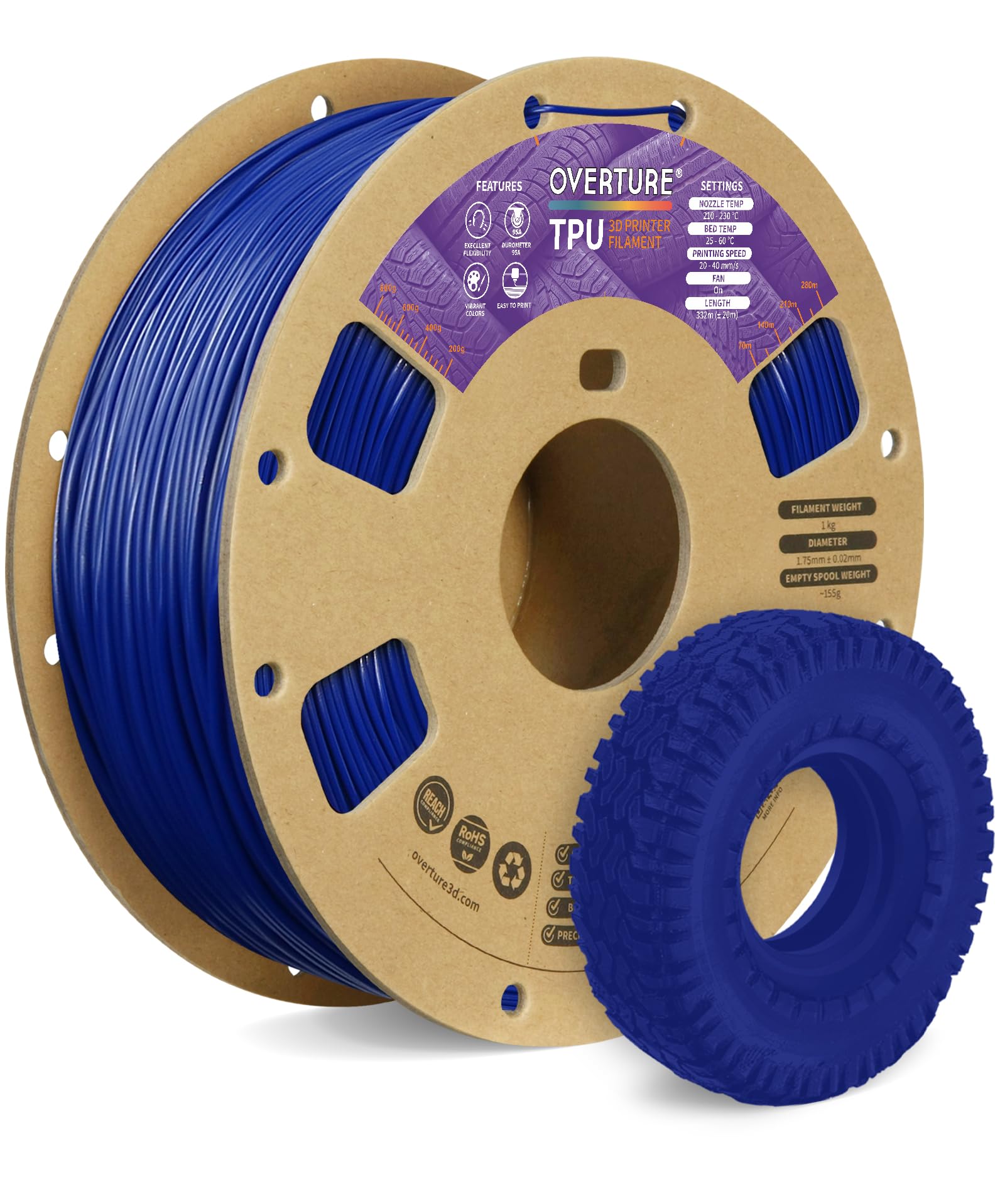 Overture TPU Filament 1.75mm Flexible 3D Printer Filament - 95A Soft, 1kg Spool (2.2 lbs) - Compatible with Most FDM Printers (Blue) - Perfect for Flexible Parts, Phone Cases, Toys & Wearable Projects