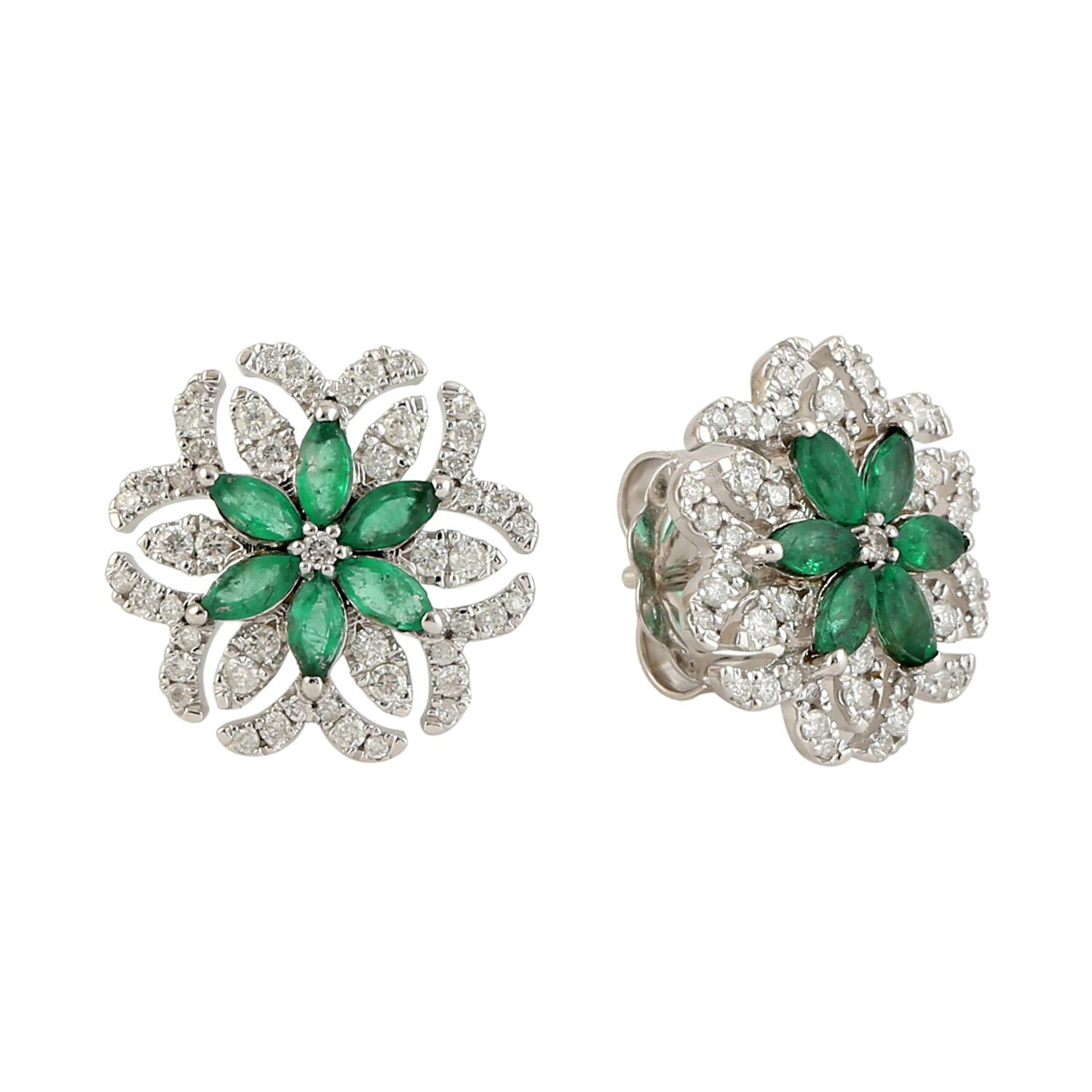 18k White Gold Marquise Emerald & Diamond Floral Stud Earrings – Elegant Jewelry for Weddings, Parties & Special Occasions