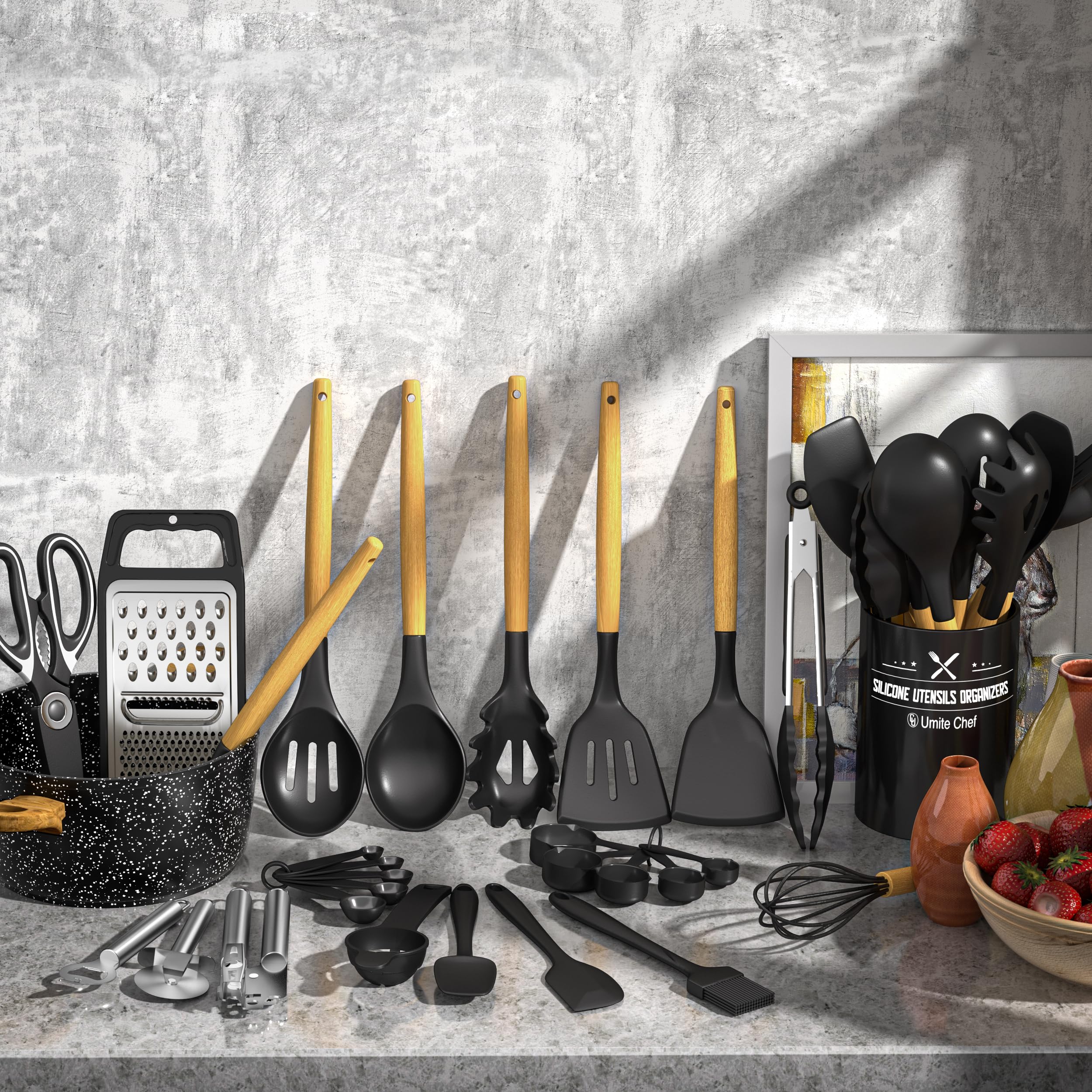 34-Piece Silicone Kitchen Utensil Set with Holder - Heat Resistant Cooking Tools for Nonstick Cookware, Black Wooden Handle Spatulas & Gadgets - Perfect for Baking, Frying & Everyday Cooking