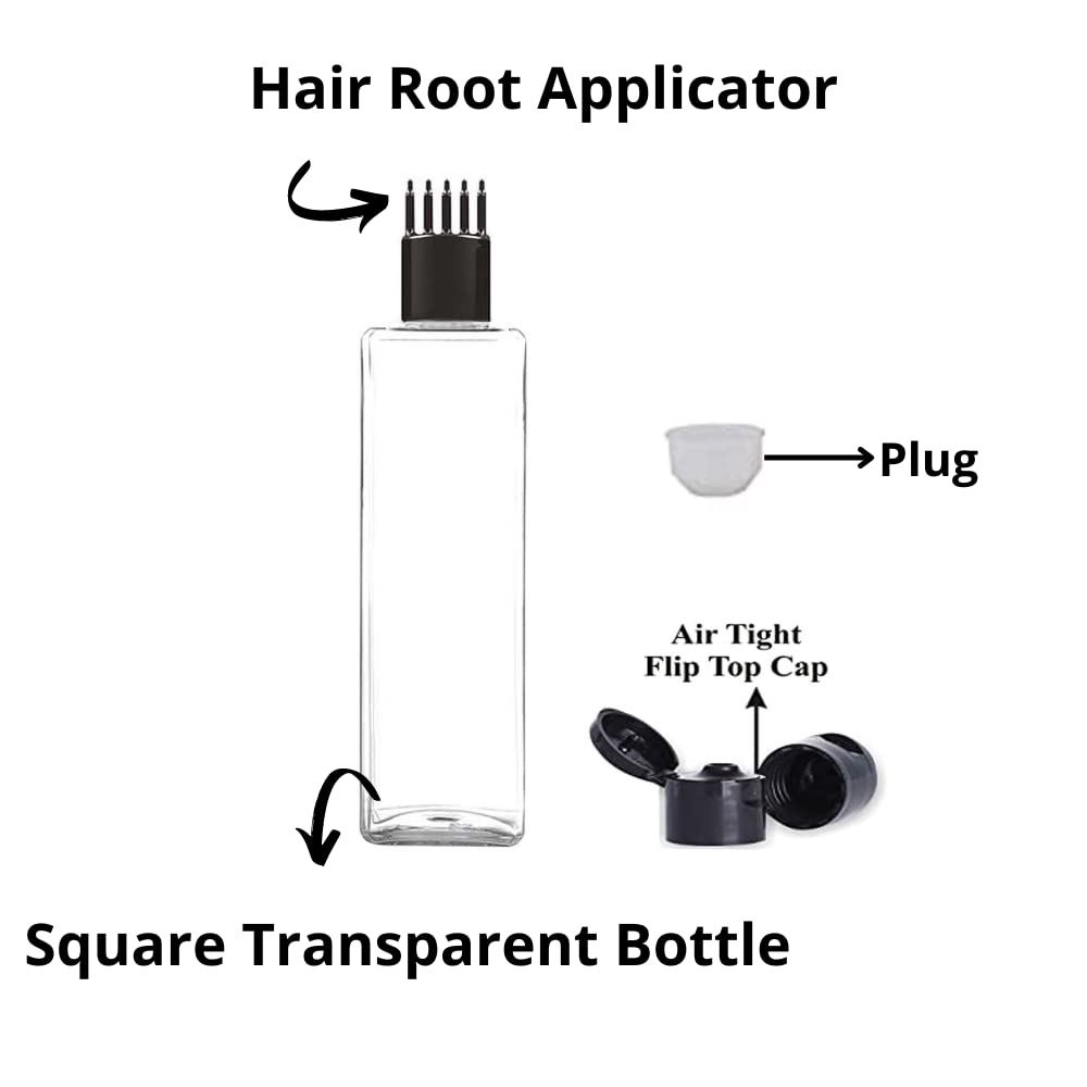 DETHRA BEAUTYCARE 100ml Refillable Square Cosmetic Bottles (3-Pack) - Transparent PET Plastic with Black Flip Top Cap & Hair Root Applicator for Shampoo, Conditioner, Hair Oil, Body Wash | Travel, Salon, Home Use