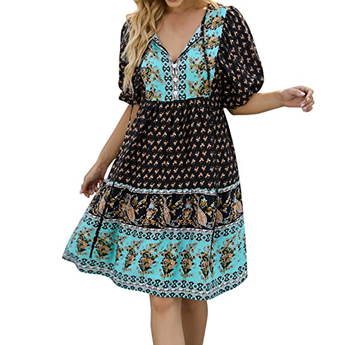 Boho Floral Print Women's Dress - Navy Blue Round Sleeve Mini & Maxi Summer Beach Dress for Casual Wear | Perfect for Vacations, Parties & Outdoor Events (Size L)