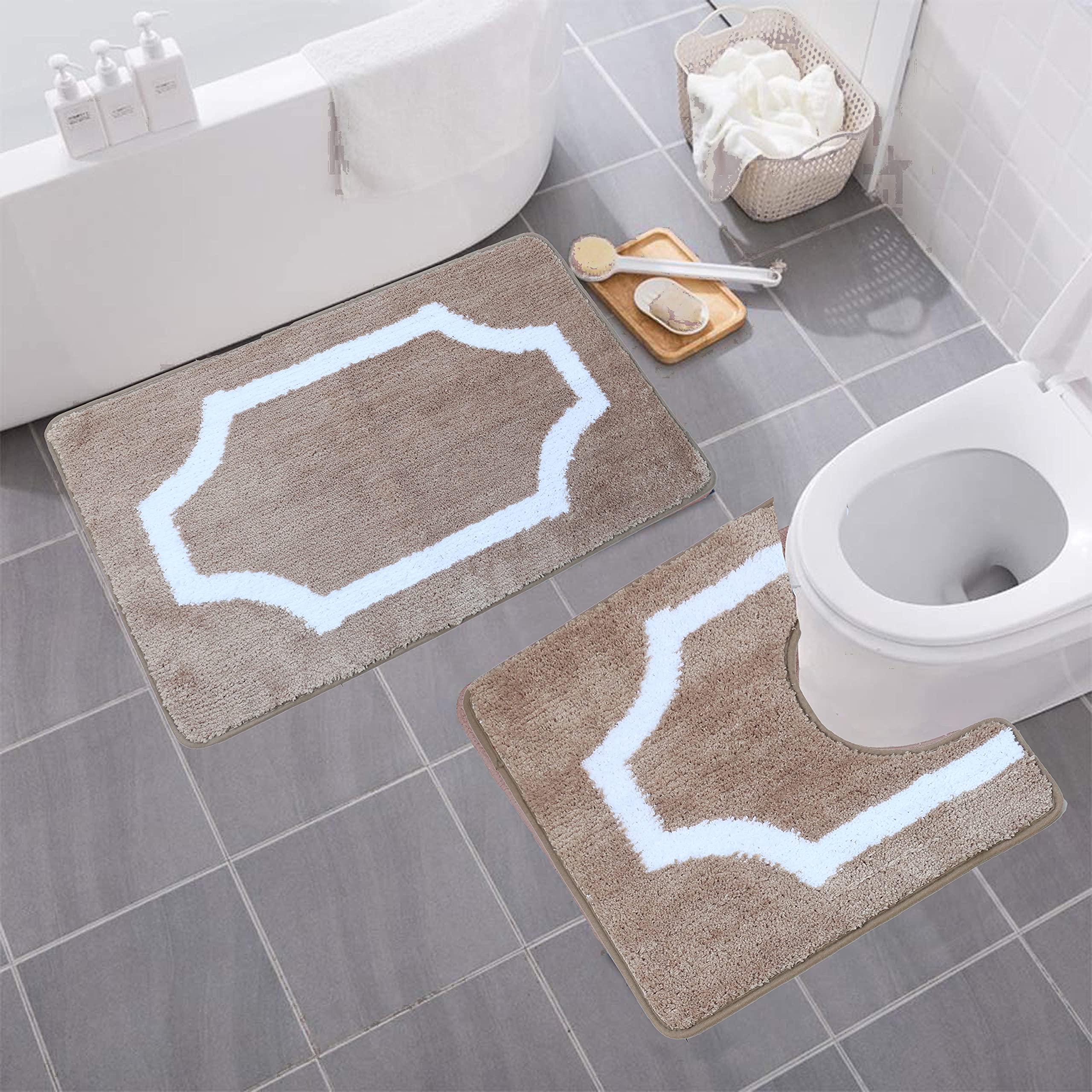 Premium 2-Piece Modern Microfiber Bathroom Rug Set with Non-Slip PVC Backing - Soft & Absorbent - Beige - Perfect for Bathrooms, Showers & Vanity Areas