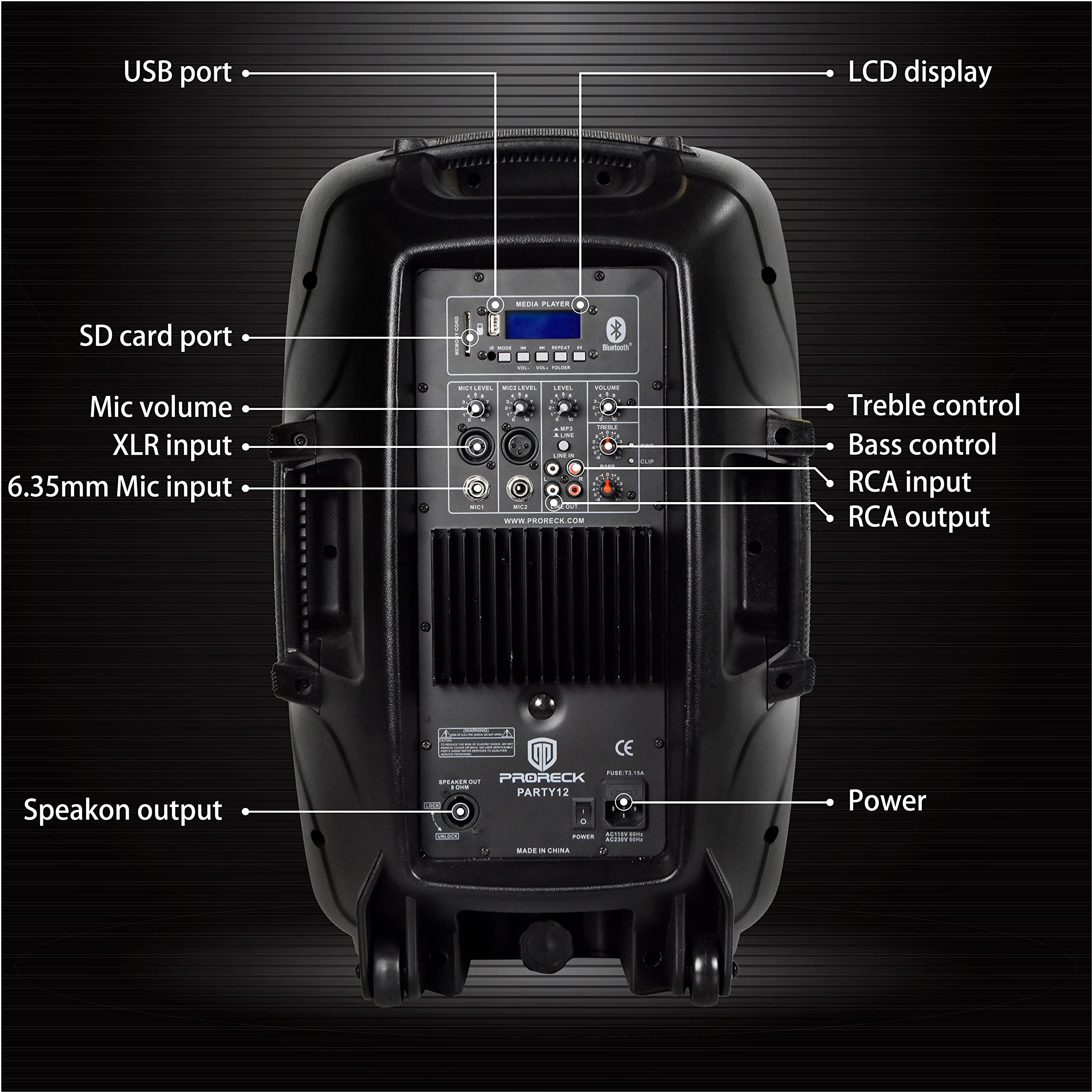 PRORECK Party 12 1000W 2-Way Powered PA Speaker System with Bluetooth, USB, SD Card, FM Radio & Remote - Perfect for Outdoor Events, Weddings, DJ Performances & Live Music