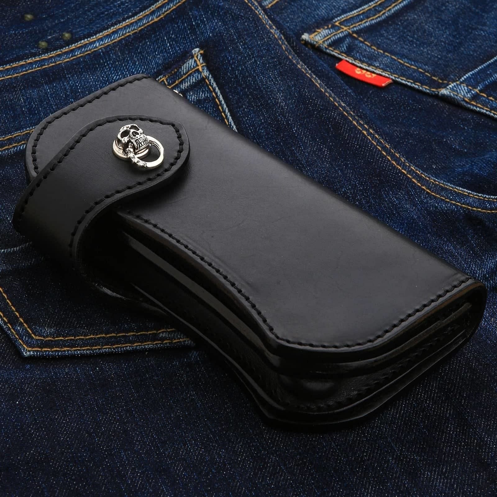 Skull Silver Cowhide Leather Biker Wallet for Men - Premium RFID Blocking Motorcycle Wallet with Chain - Perfect for Bikers, Riders & Travelers