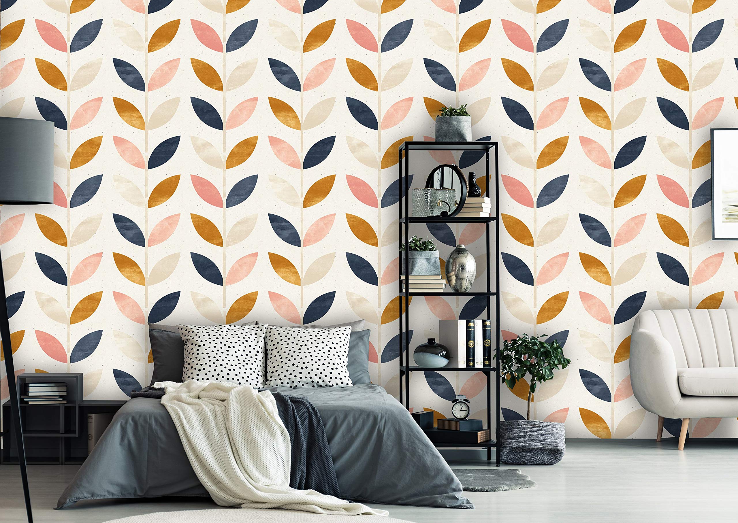 Self-Adhesive Removable Wallpaper - Rose Gold Blue Floral Peel and Stick Wall Mural for Nursery, Baby Room, Bedroom Decor | Scandinavian Design (24
