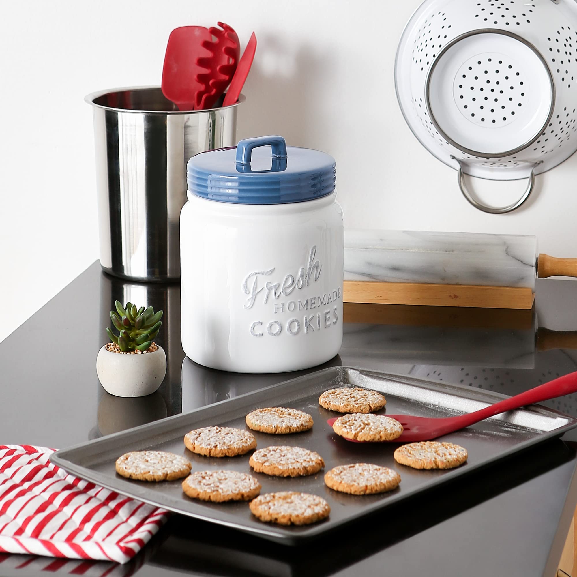 DII Ceramic Cookie Jar with Lid - Airtight Blue Kitchen Storage Container for Cookies, Snacks & Dry Food - Perfect for Pantry, Countertop & Home Decor