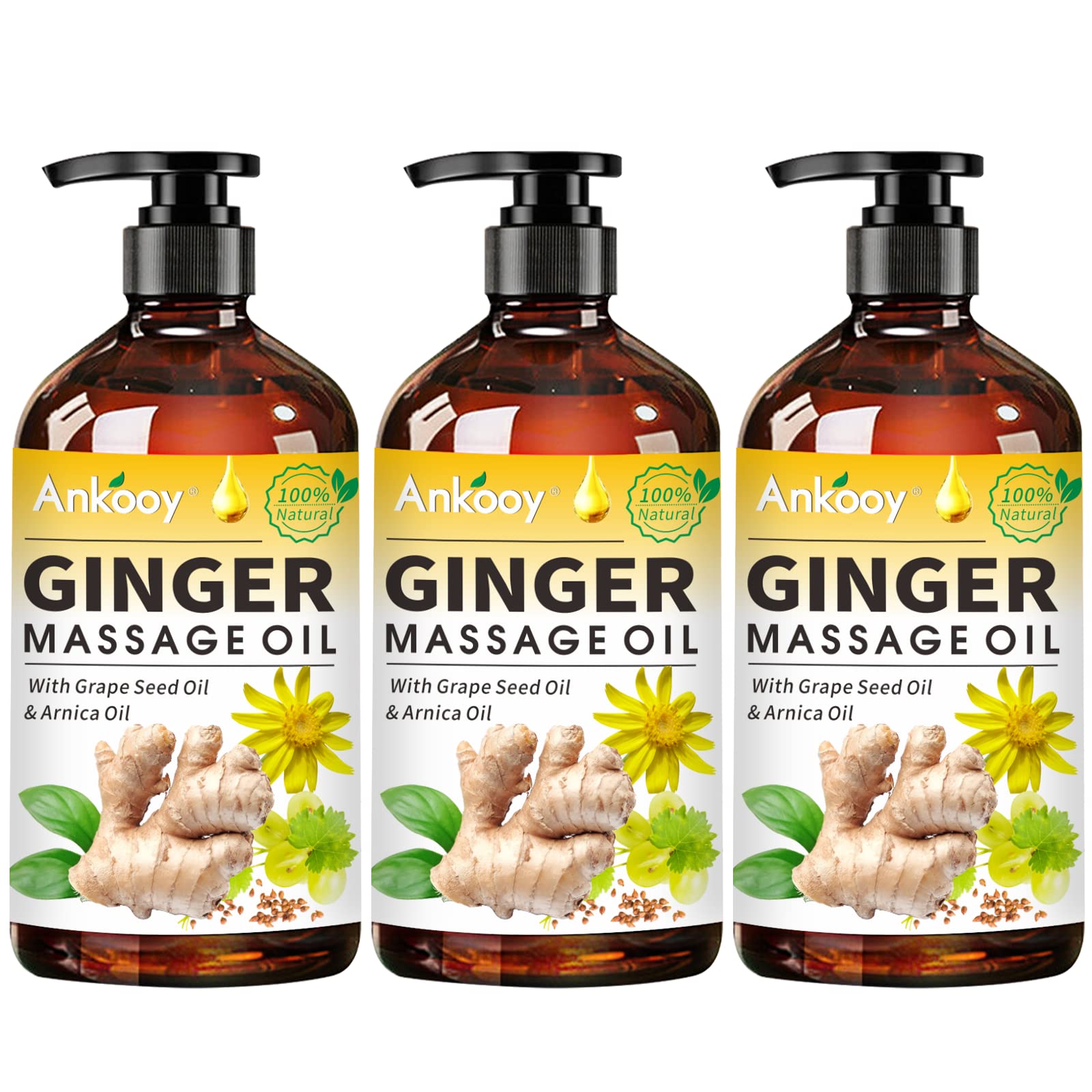 3 Pack 100% Natural Ginger Oil for Lymphatic Drainage Massage - Belly & Body Massage Oil with Arnica Extract & Vitamin E | Relaxing Aromatherapy, Post-Workout Recovery & Spa Treatment