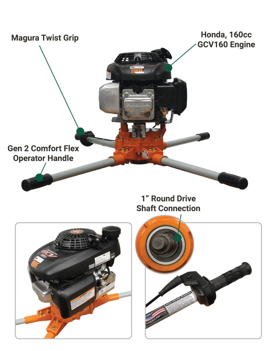 Brave Two Man Auger with 1 Inch Round Bit - Powered by Honda GCV160 Engine for Professional Landscaping and Fence Post Installation