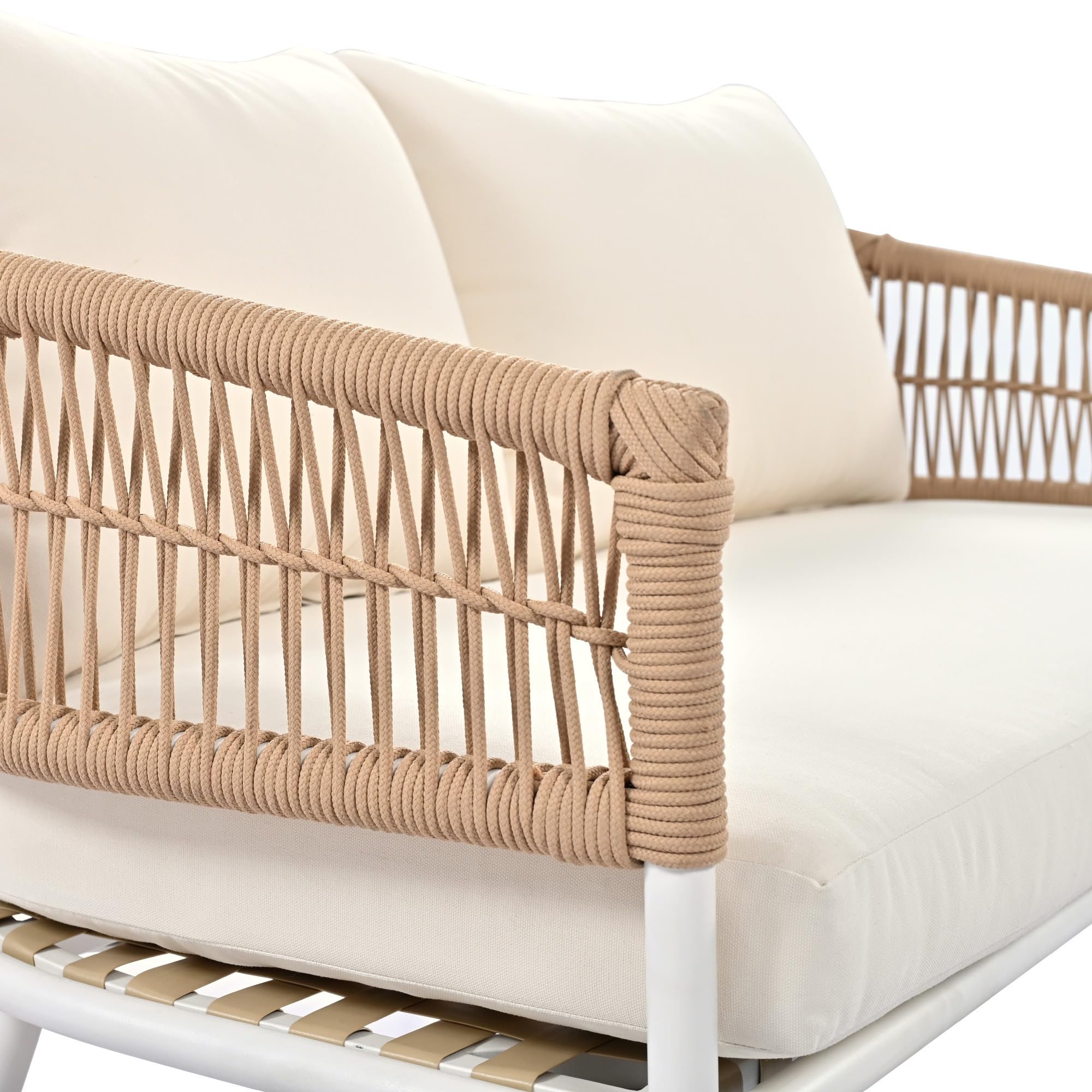 4-Piece Outdoor Patio Furniture Set with Thick Cushions & Deep Seating - Boho Style Acacia Wood Table Conversation Set for Backyard, Poolside or Garden - Perfect for Relaxing, Entertaining and Outdoor Gatherings (Beige)