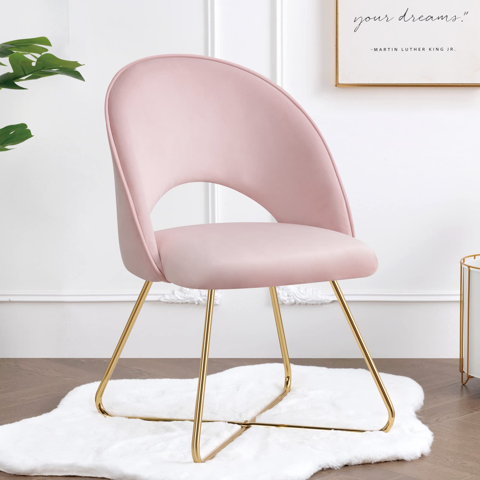Furnimart Modern Velvet Accent Chair with Gold Metal Legs - Curved Mid-Back Upholstered Vanity Chair for Living Room, Bedroom, Office & Guest Reception - Soft Pink Luxury Seating for Home Decor & Makeup Area