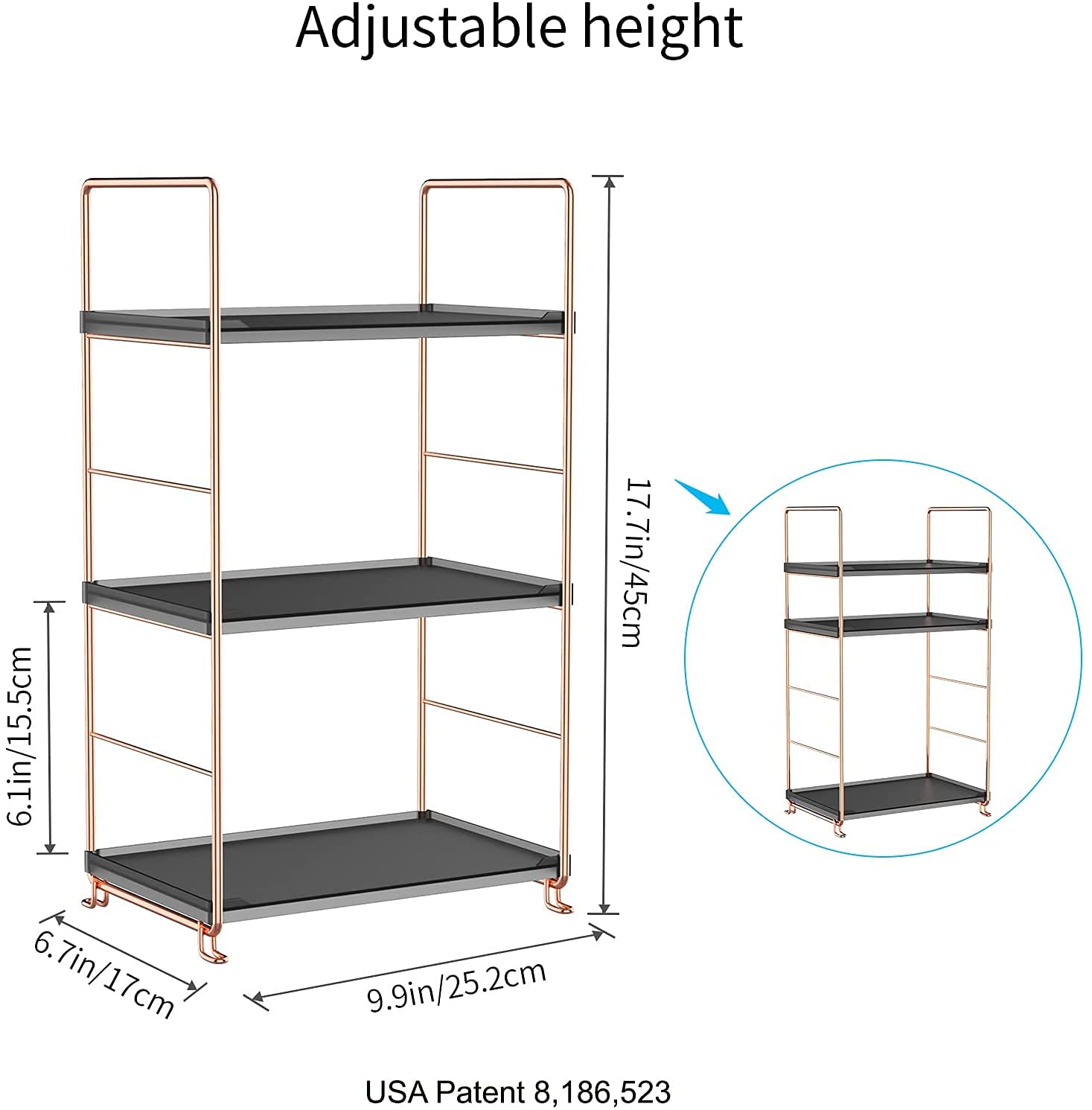 3-Tier Stackable Organizer Shelf - Plastic & Metal Freestanding Storage Rack for Bathroom, Kitchen Countertop, Spices & Cosmetics (Rose Gold/Black) | Space-Saving Home & Office Organization Solution