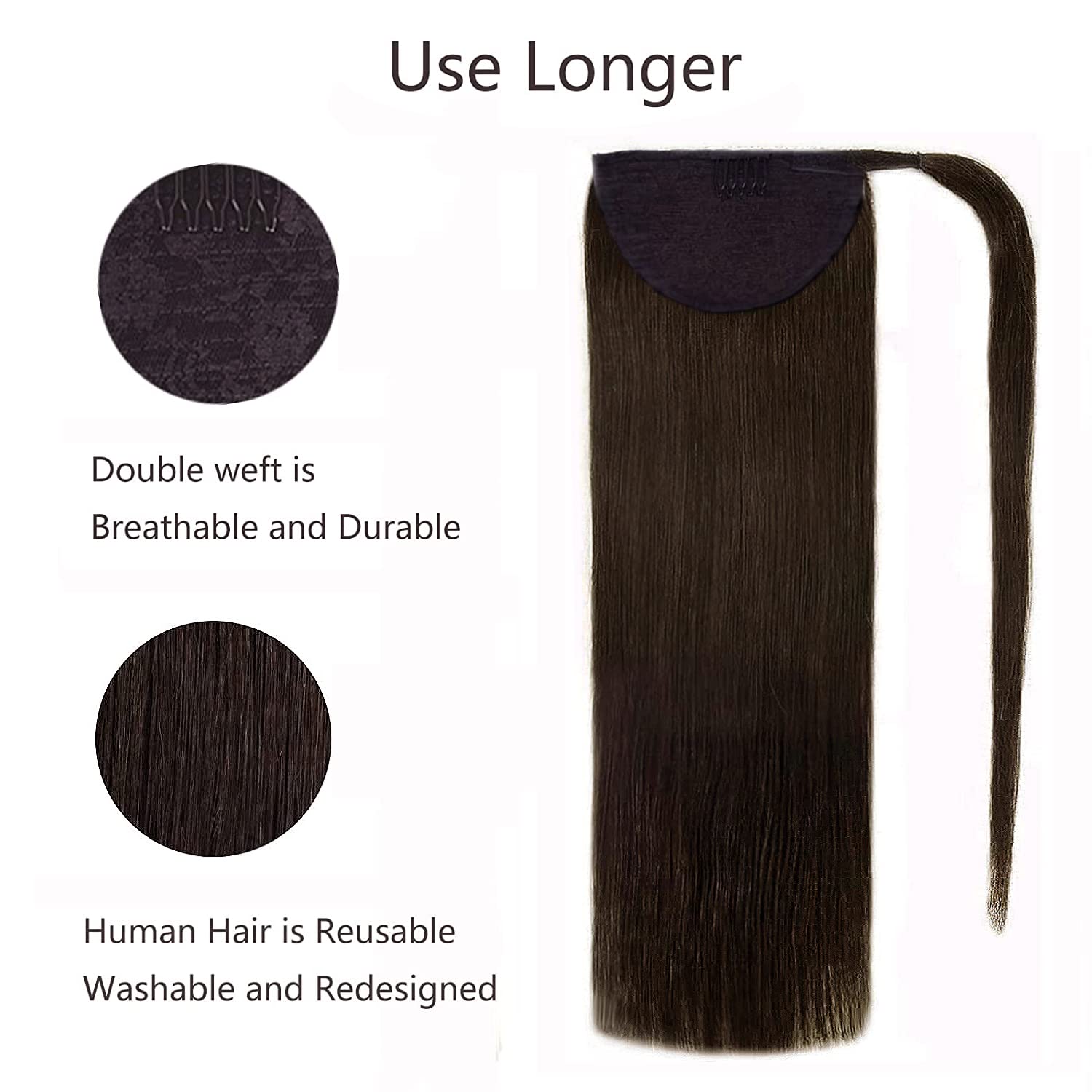 Beroyal 100% Virgin Human Hair Ponytail Extension - 16 Inch Clip-In Straight Natural Black Hairpiece for Thick & Long Hair | Perfect for Parties, Weddings & Daily Styling