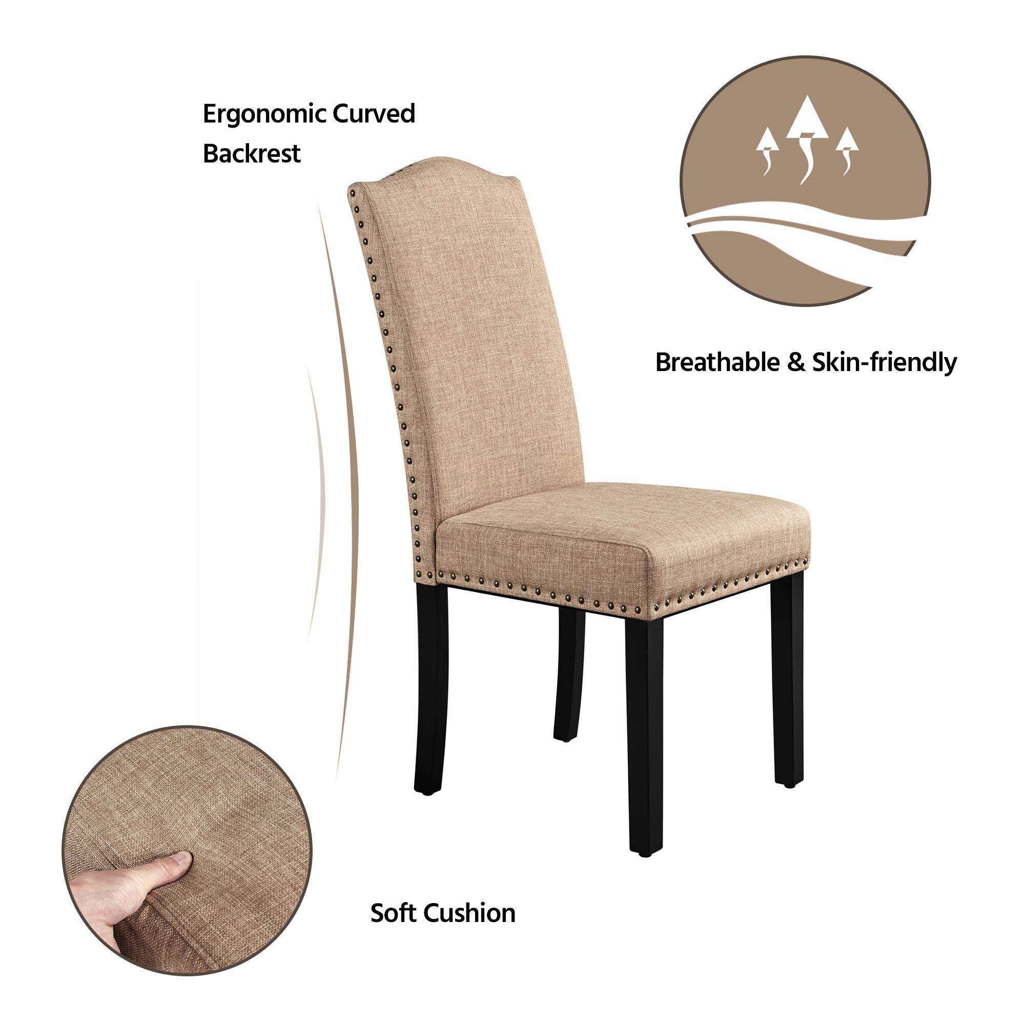 Premium Fabric Upholstered Parson Dining Chairs Set of 2 - Classic Style with Rubber Wood Legs & Leather Cushion for Kitchen, Dining Room, Living Room or Hotel | Comfortable Seating for Family Gatherings & Dinner Parties (Khaki)