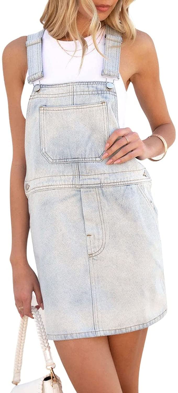 Lazutom Women's Casual Washed Denim Jumpsuit - Adjustable Straps, Pinafore Bib Overalls Dress for Women & Teens - Perfect for Spring Outfits, Streetwear Fashion and Casual Daily Wear